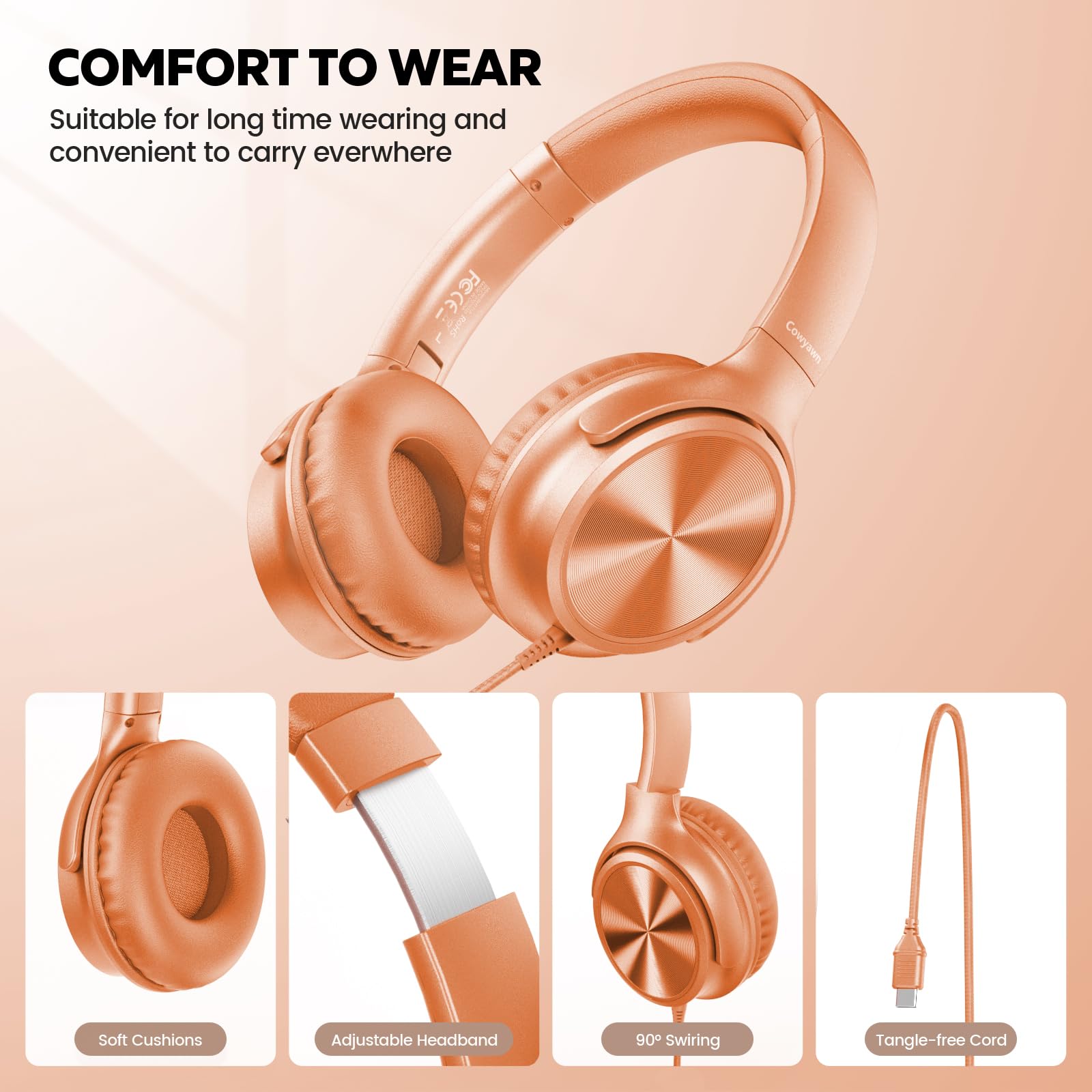 Cowyawn Cuffie USB C cablate, over-ear, con cavo USB C, con microfono, controllo del volume, suono stereo HD, cuffie pieghevoli USB tipo C per adulti/ragazzi/laptop/computer/iPhone 15/16/17, arancione