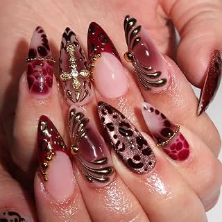 24 Stück Press on Nails Mandelform, künstliche Fingernägel lang, Burgund Leopard Ombre Strass, ABS, für Party DIY, mit Klebepads Feile