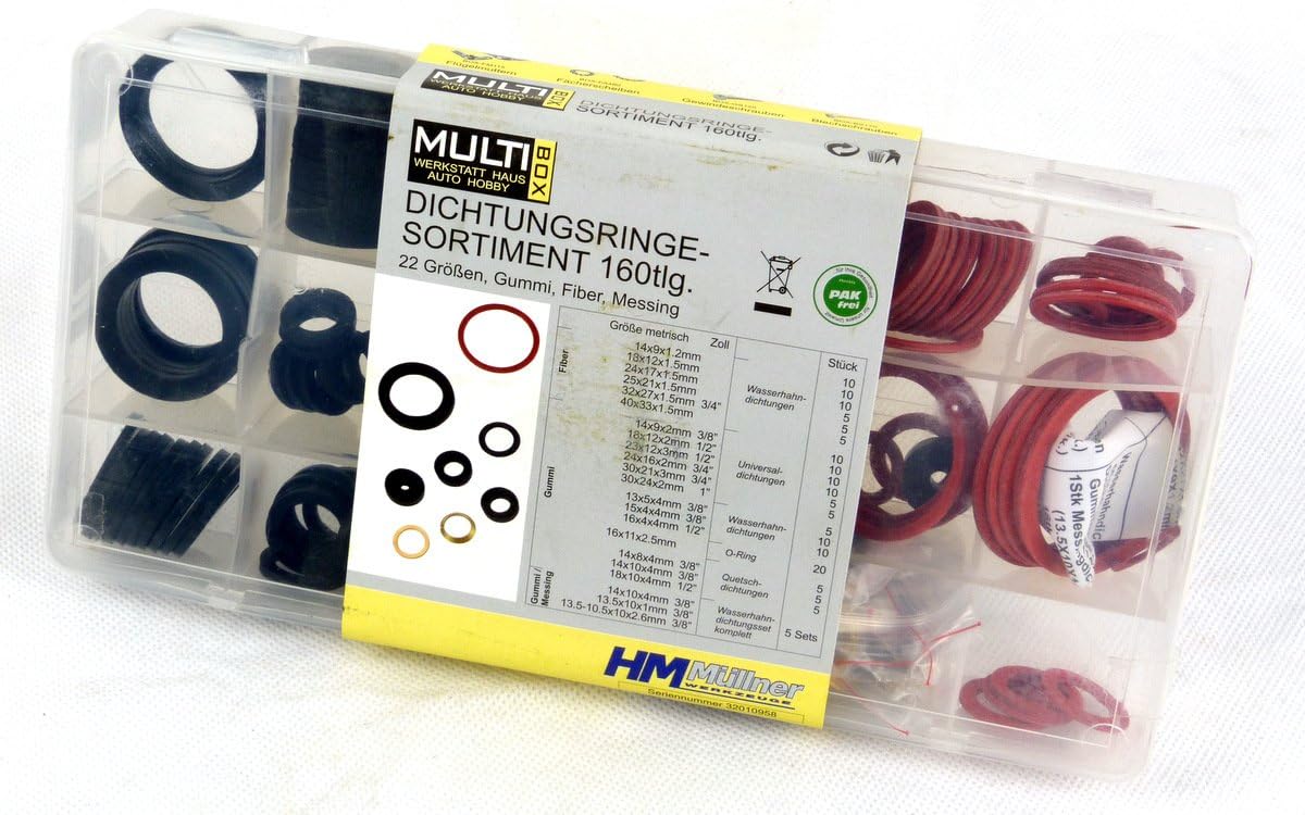 K2F Set of 160 Assorted Washers in 18 Different Sizes, Comes in Convenient PVC Box with Washers Made of Rubber, Fibre and Klingerit, Sizes: from 1 Inch to 3/8 Inch