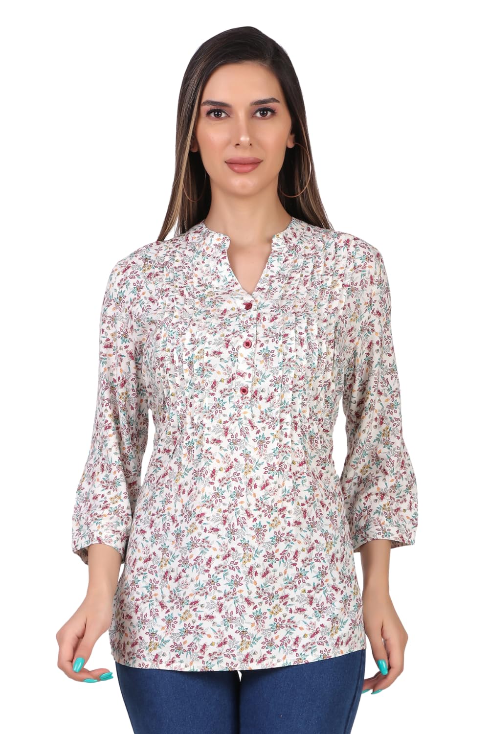 9 impression Women's All-Over Print Mandarin Collar Pintuck Plus Size Tunic | Oversized Tops for Women-picture-36