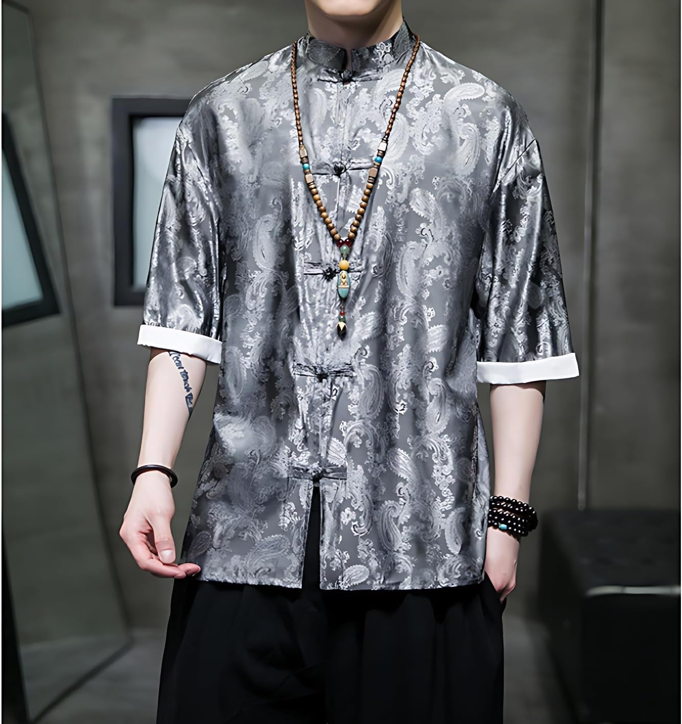 Men's Kung Fu Shirt,Traditional Chinese Hanfu Tang Suit Coat with Silk Printing,Half Sleeve Top for Casual Summer Outfits Grey
