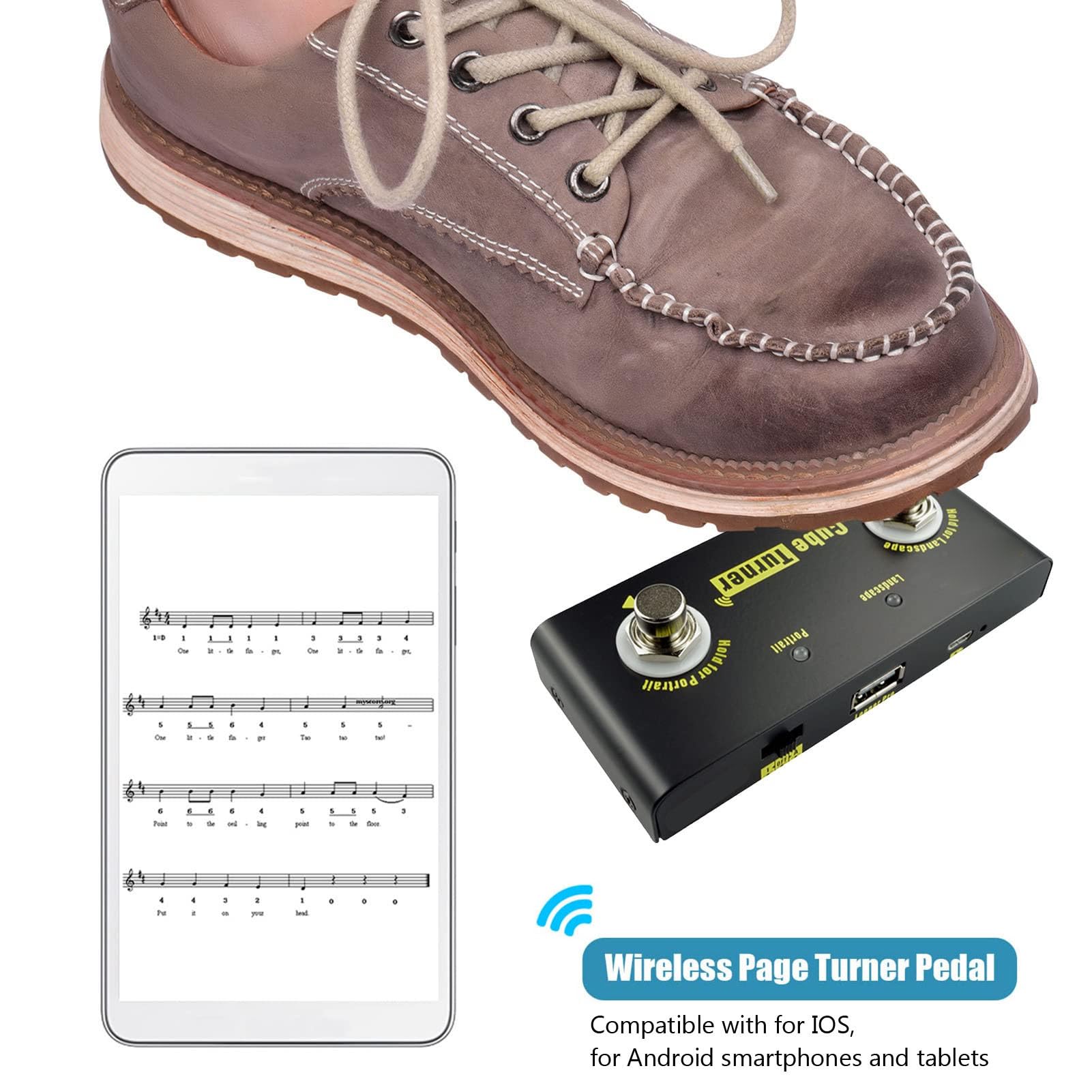 Page Turner Pedal Drahtlos 10m Reichweite Wiederaufladbar Musiknoten Fußpedal Kompatibel mit Tablets für Musiker Präsentatoren Gitarristen Robustes Metallgehäuse Tragbar für Probe