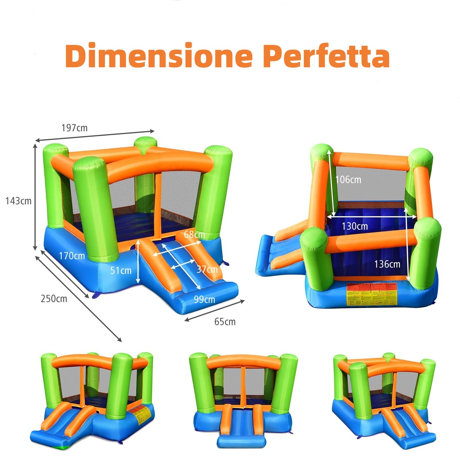 GYMAX Castello Gonfiabile, con Trampolino, Scivolo e Rete di Protezione, Aspetto Carino per Bambini da 3 a 10 Anni, Adatto a Interni ed Esterni