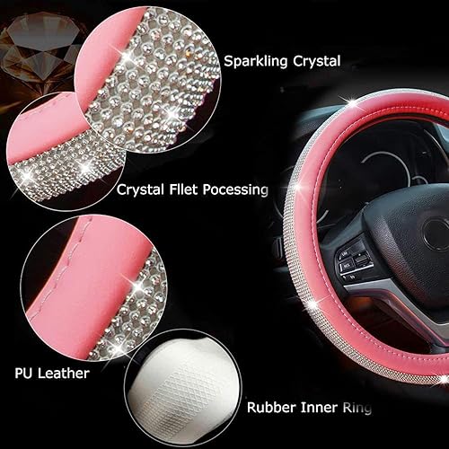 Miniatura 4 de Funda para volante femenino, accesorios brillantes para automóvil, 15 pulgadas, funda de cuero para volante de automóvil, se adapta a la mayoría de
