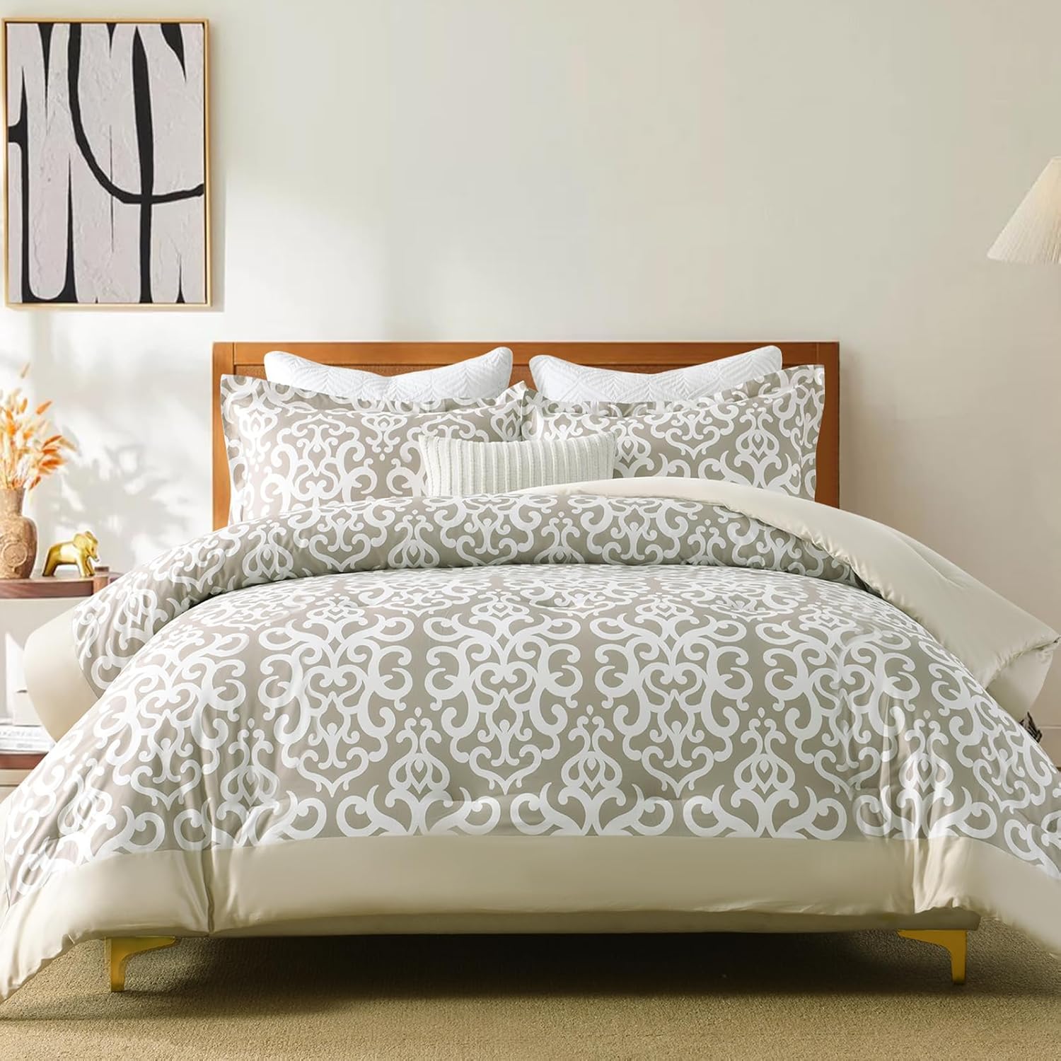 Finlonte King Size Cotton Reversible Comforter Set Vintage Damask Luxury Modern Quilted Comforter Fluffy Cloud Soft Bedding Set in Greige, Down Alternative Bedding