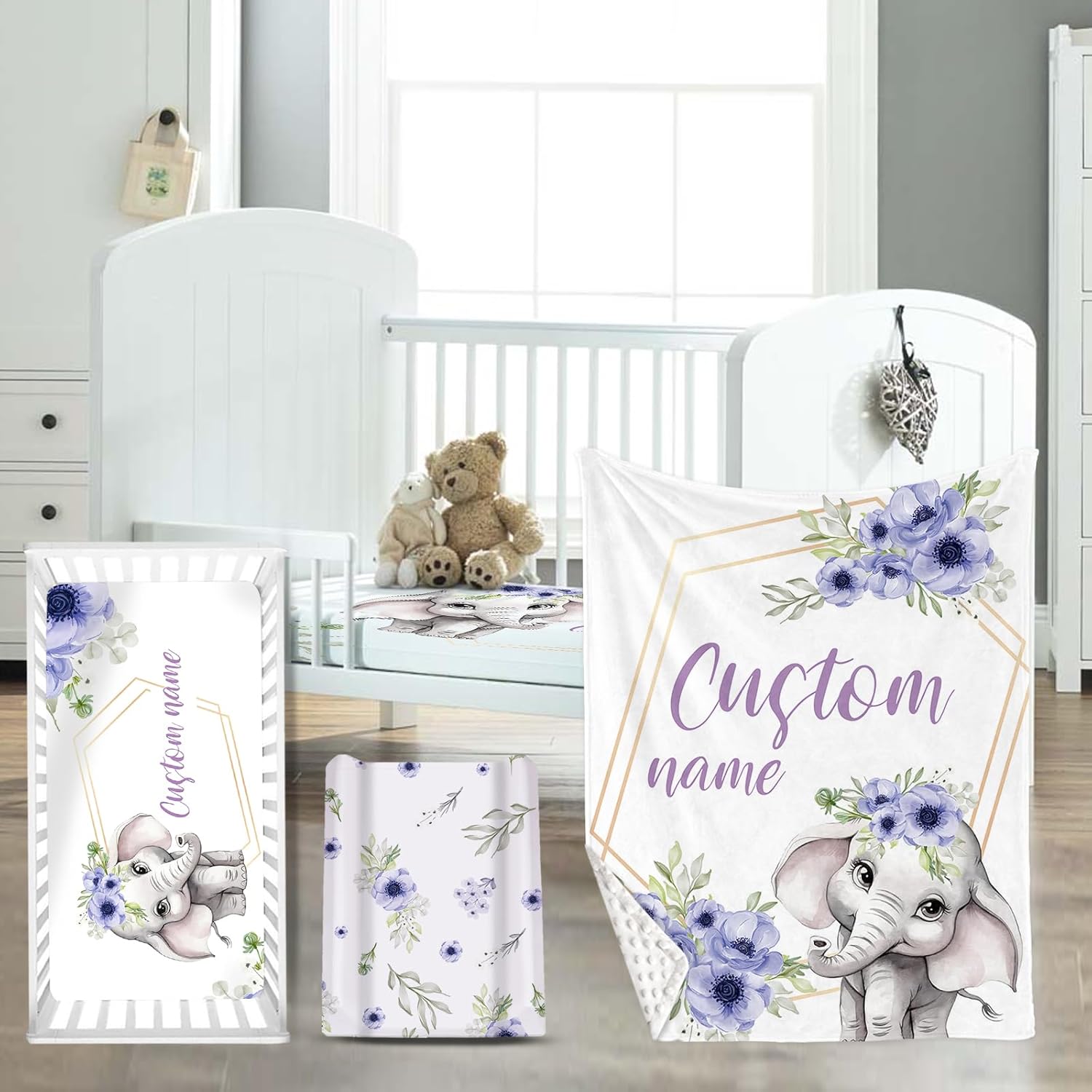 Custom Crib Bedding Set for Infant Baby, Personalized Name Nursery Decor Elephant Design Baby Blanket Fitted Crib Sheet Changing Pad Cover 3 Pcs, Wonderful Gift from Parents