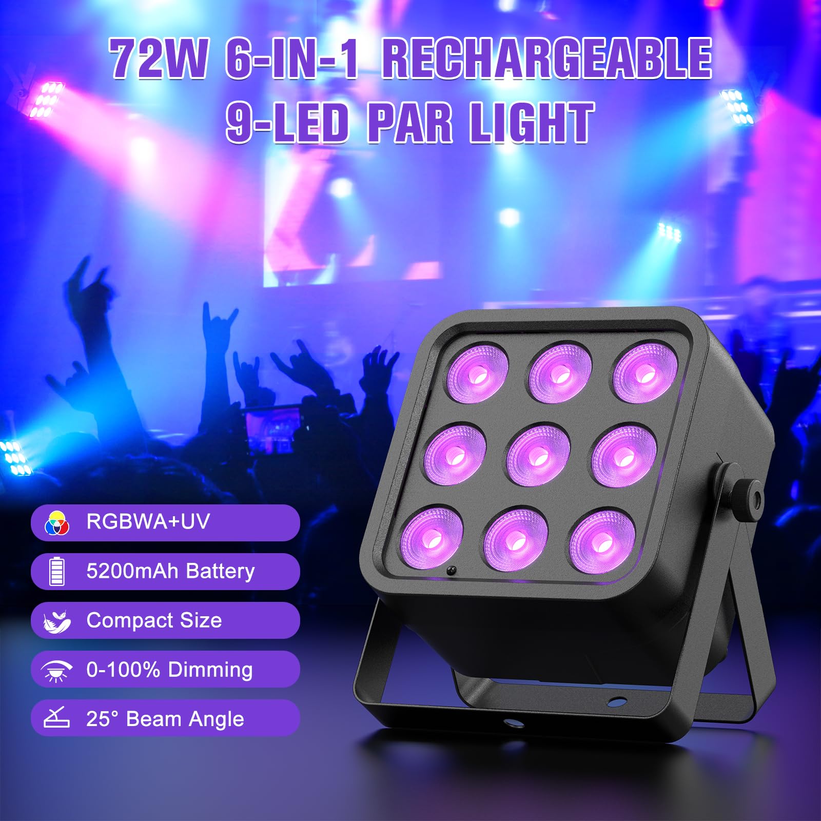 Faro Da Palcoscenico A Batteria 108W Oloaxolx - RGBW+UV, IP65 Impermeabile, Ricaricabile, Con Telecomando/APP/DMX