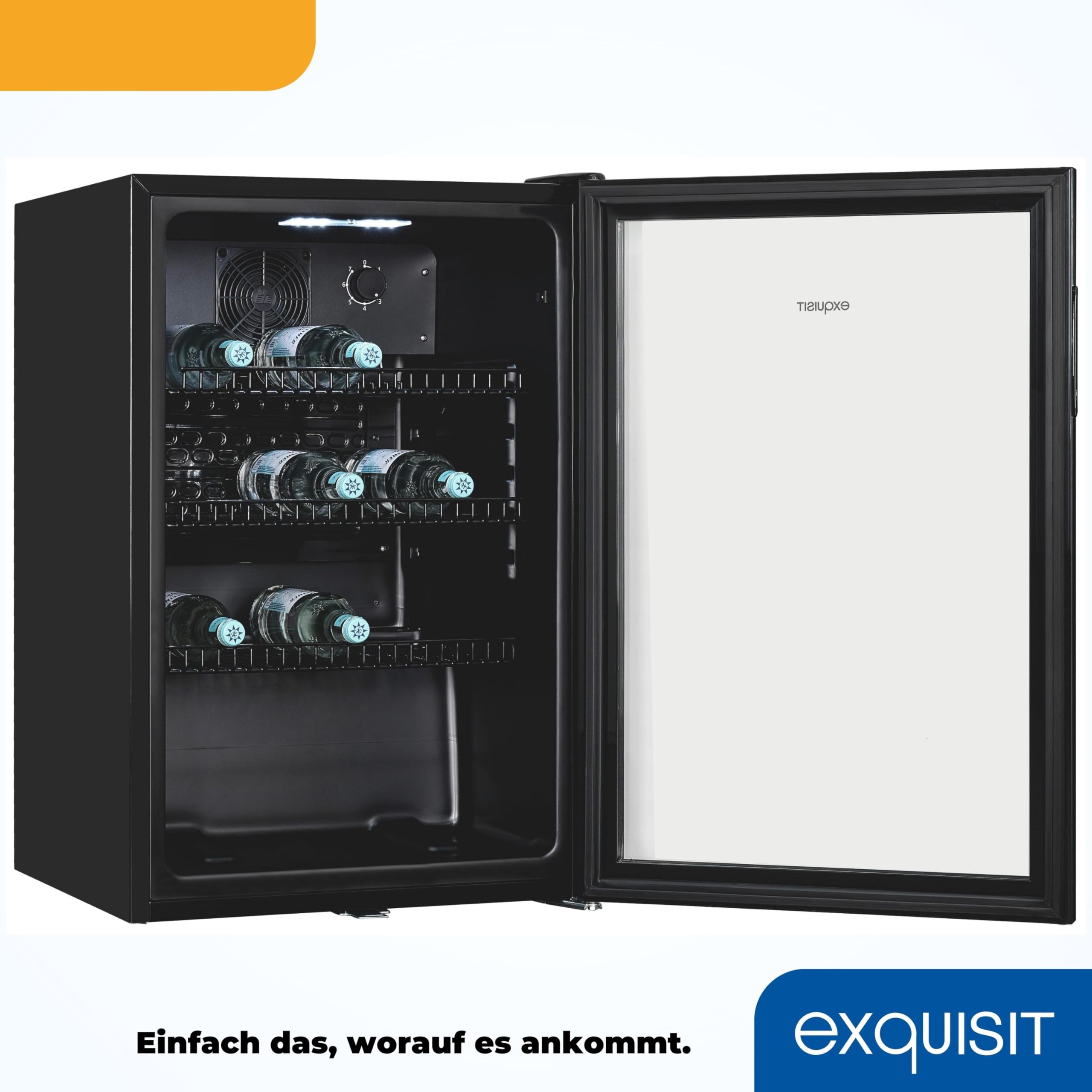Exquisit GKS120-GT-160C Glastürkühlschrank 118L Flaschenkühlschrank Schwarz LED Umluft 3 Ablagen Schloss Kompakt Gastro-Kühlschrank