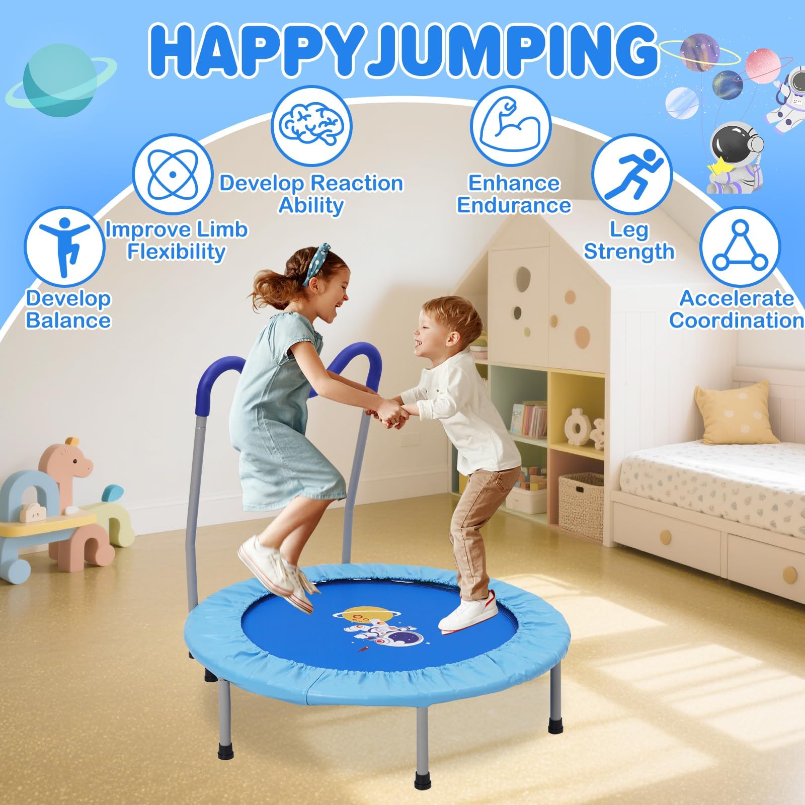 36" Trampolin Kinder mit Verstellbarer Abnehmbarer Griff und Sicherem Polster,bis 60 KG,Fitness Trampolin Faltbar,Indoor/Outdoor für Kinder von 3-6 Jahren,Blau