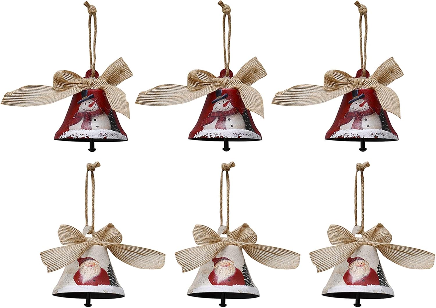 Christmas Jingle Bell Ornaments Metal Bell Christmas Tree Hanging Ornaments with Burlap Ribbon Rustic Hand Painted Snowman Santa Xmas Hanging Decoration Holiday Decor (6)