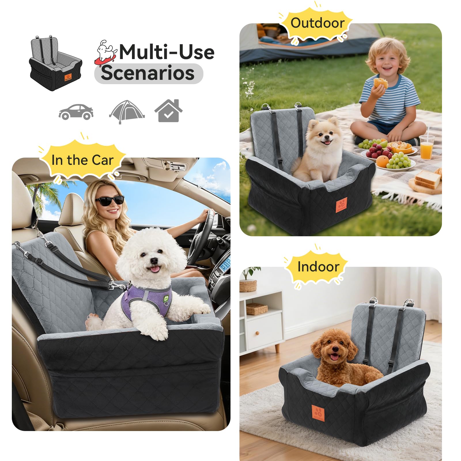 GL GLENSLAVE Hunde-Autositze für kleine bis mittelgroße Hunde, Erhöhter Hunde-Booster-Sitz mit Memory-Schaum, Abnehmbarer & waschbarer Autositz für Haustiere (Schwarz/Grau)