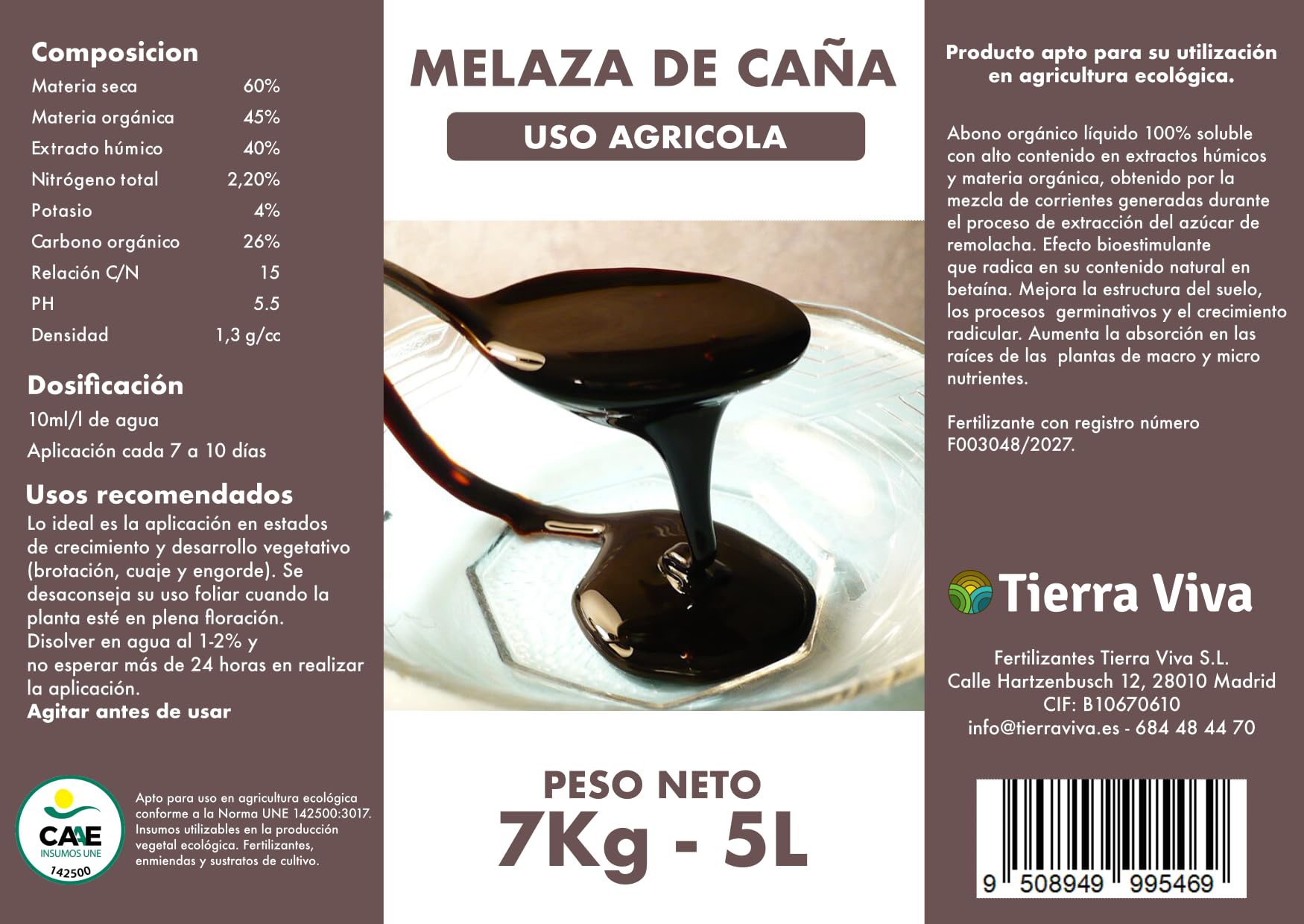 Melaza para plantas ecológica 7Kg (5L). Agro melaza. Fertilizante universal natural que mejora el suelo y potencia tus cultivos. Estimula la actividad de microorganismos beneficiosos