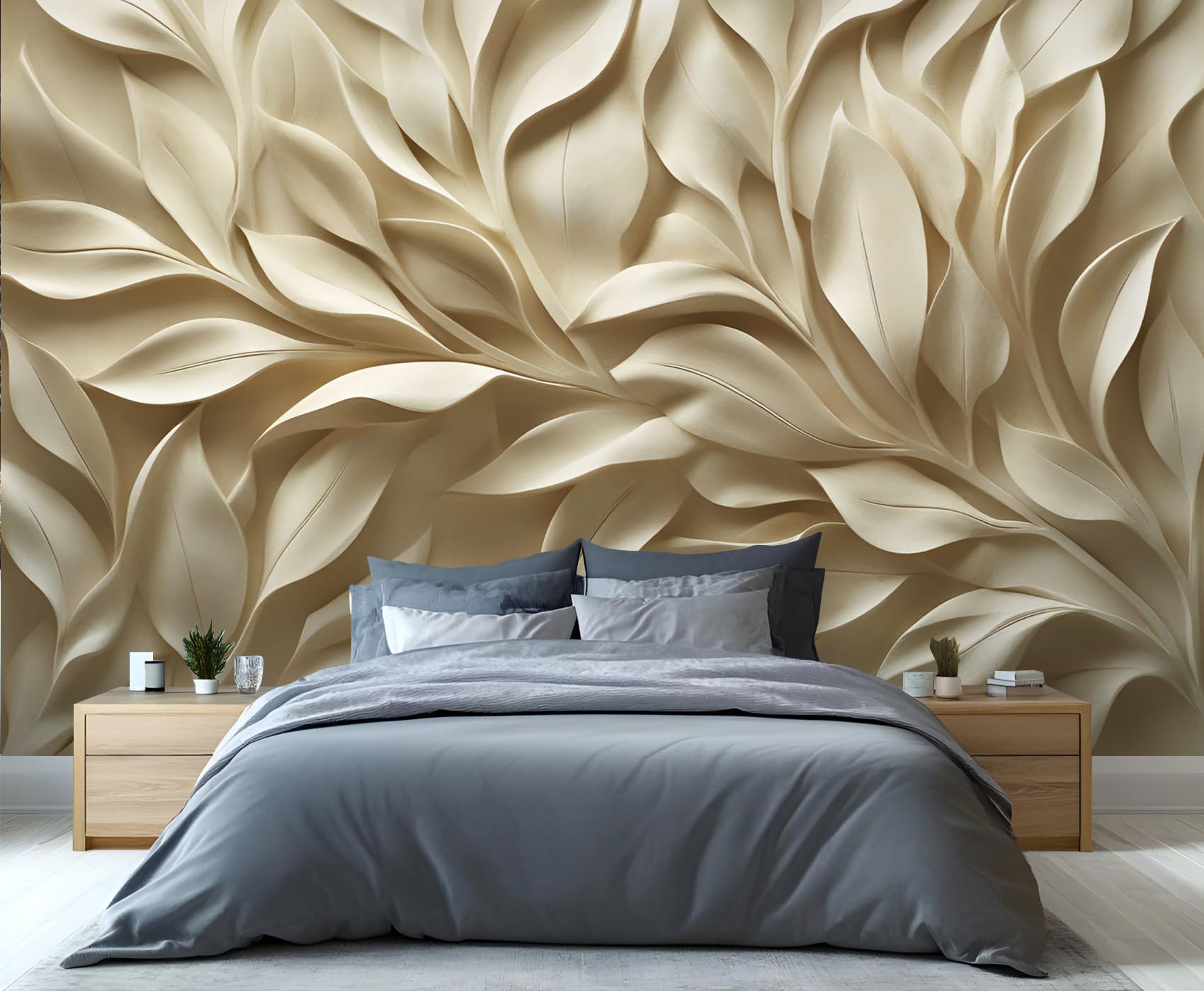 Leaves Wallpaper, 3D Stereoscopic Flowers Bedroom Wallpaper, Nordic Gold Wall Paper for Living Room, Not Self Adhesive Light Luxury Wall Mural, Beauty Large Mural & Room Decor