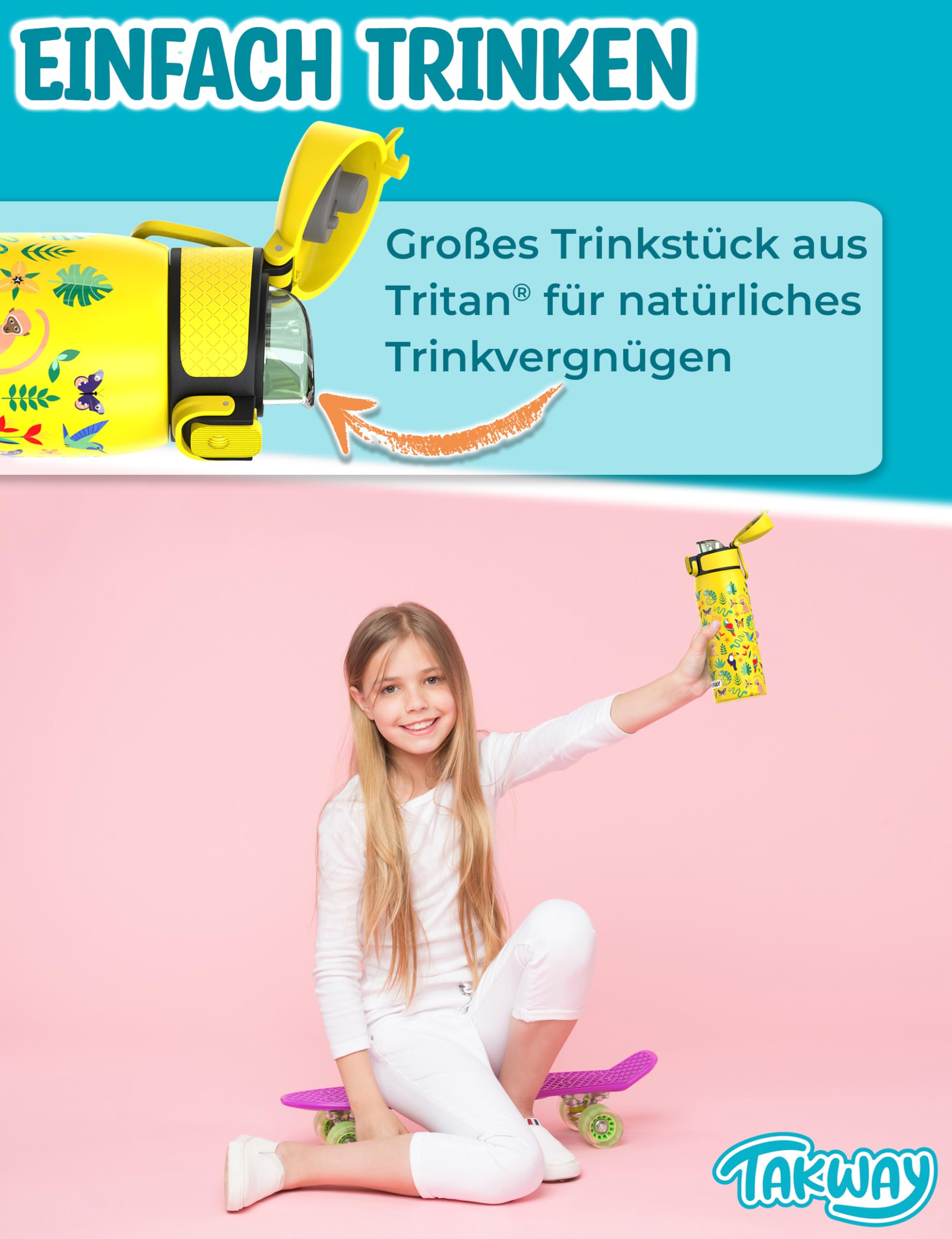 Edelstahl Trinkflasche Kinder 550ml - Auslaufsicher, isoliert und Kohlensäure geeignet - Flasche für Schule, Sport (Dinosaurier)