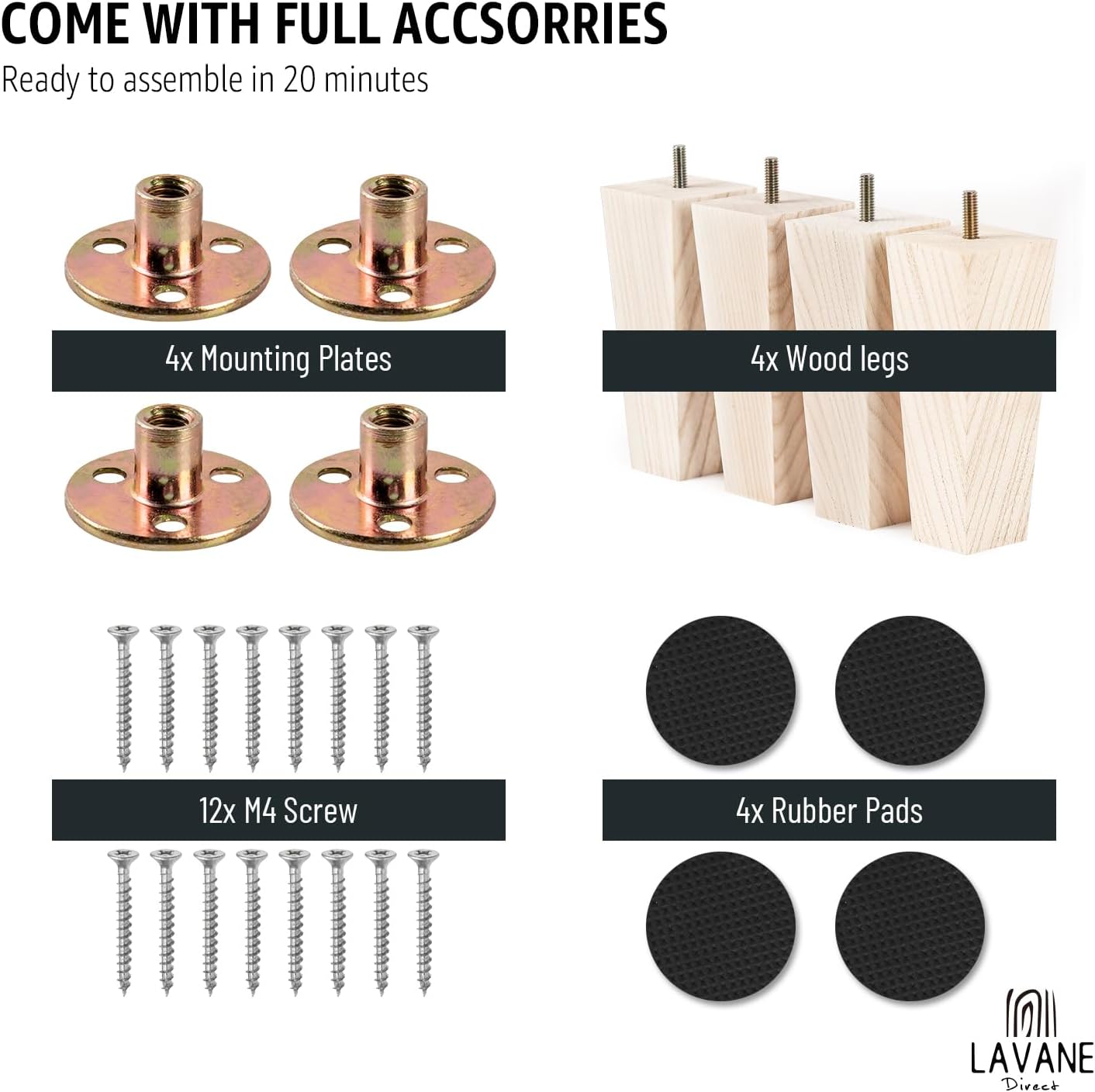 6 inch Unfinished Ash Wood Furniture Legs, LAVANE Set of 4 Mid-Century Modern Pyramid Wooden Replacement Feet with Pre-Drilled 5/16 Inch Bolt & Mounting Plate for Sofa Couch Bed Armchair Ottoman