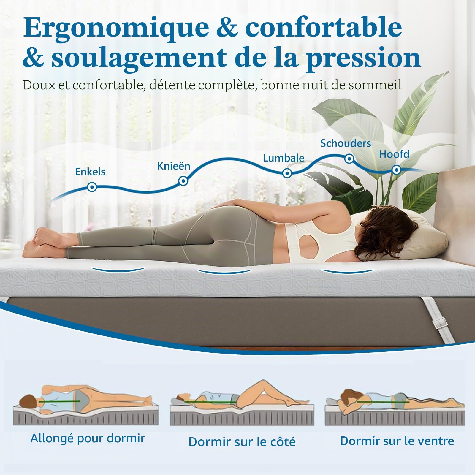 Surmatelas 120 x 200 cm H2/H3, Mémoire de Forme, 10CM épaisseur Surmatelas en Gel avec Housse Amovible et Lavable- Fond antidérapant - 4 Bandes- pour lit à sommier tapissier, canapé-lit, Blanc
