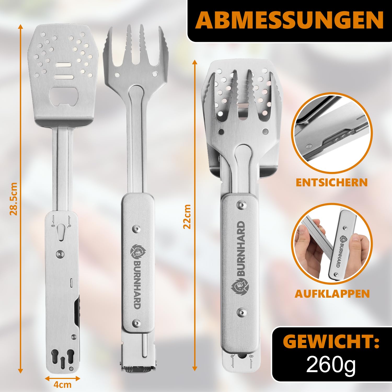 BURNHARD® Grillbesteck 4-in-1, Multitool inkl. Grillwender, Grillgabel, Grillzange und Flaschenöffner