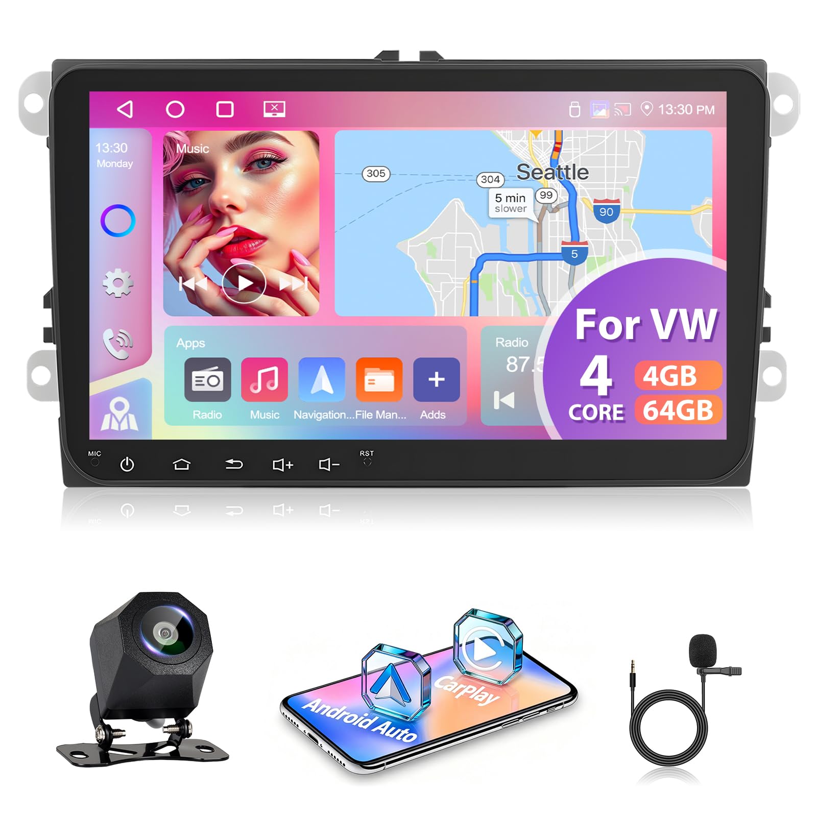 4GB RAM + 64GB ROM Carplay Autoradio per VW Golf 5/Tiguan/Touran/Passat/Polo/Skoda/Caddy/Seat con Wireless Android Auto Touchscreen da 9 pollici GPS/WiFi/FM/RDS/SWC/Canbus/BT/EQ+AHD Camera