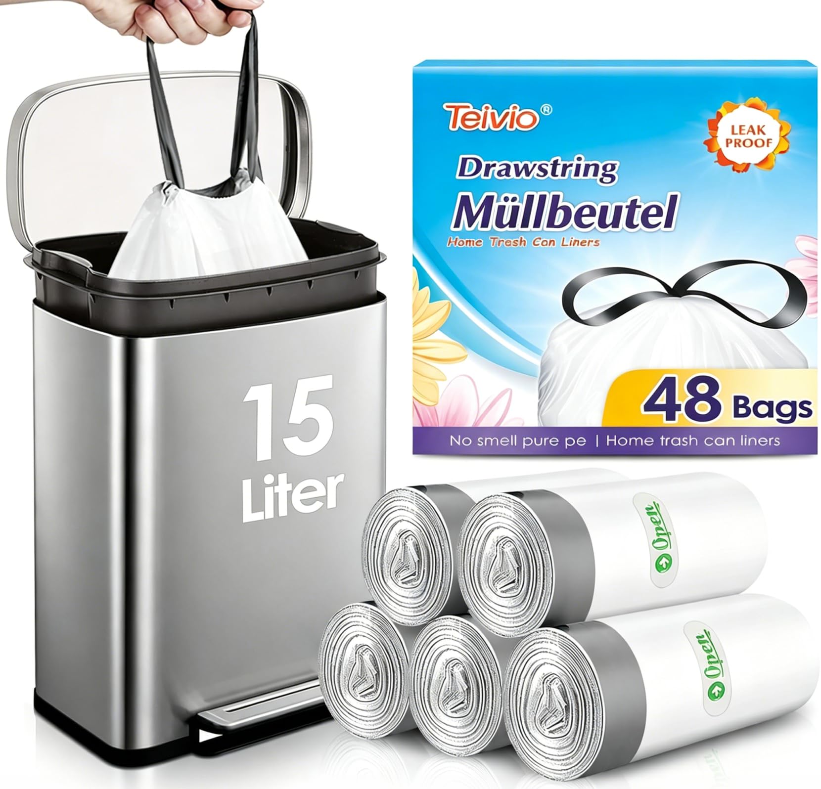 Teivio Müllbeutel mit Zugband 15L Weiß 48 Stück, Kleine Mülltüten Mülleimerbeutel mit Kordelzug für 10‑15l Mülleimer, Abfallbeutel für Haushalt Küche Bad Büro