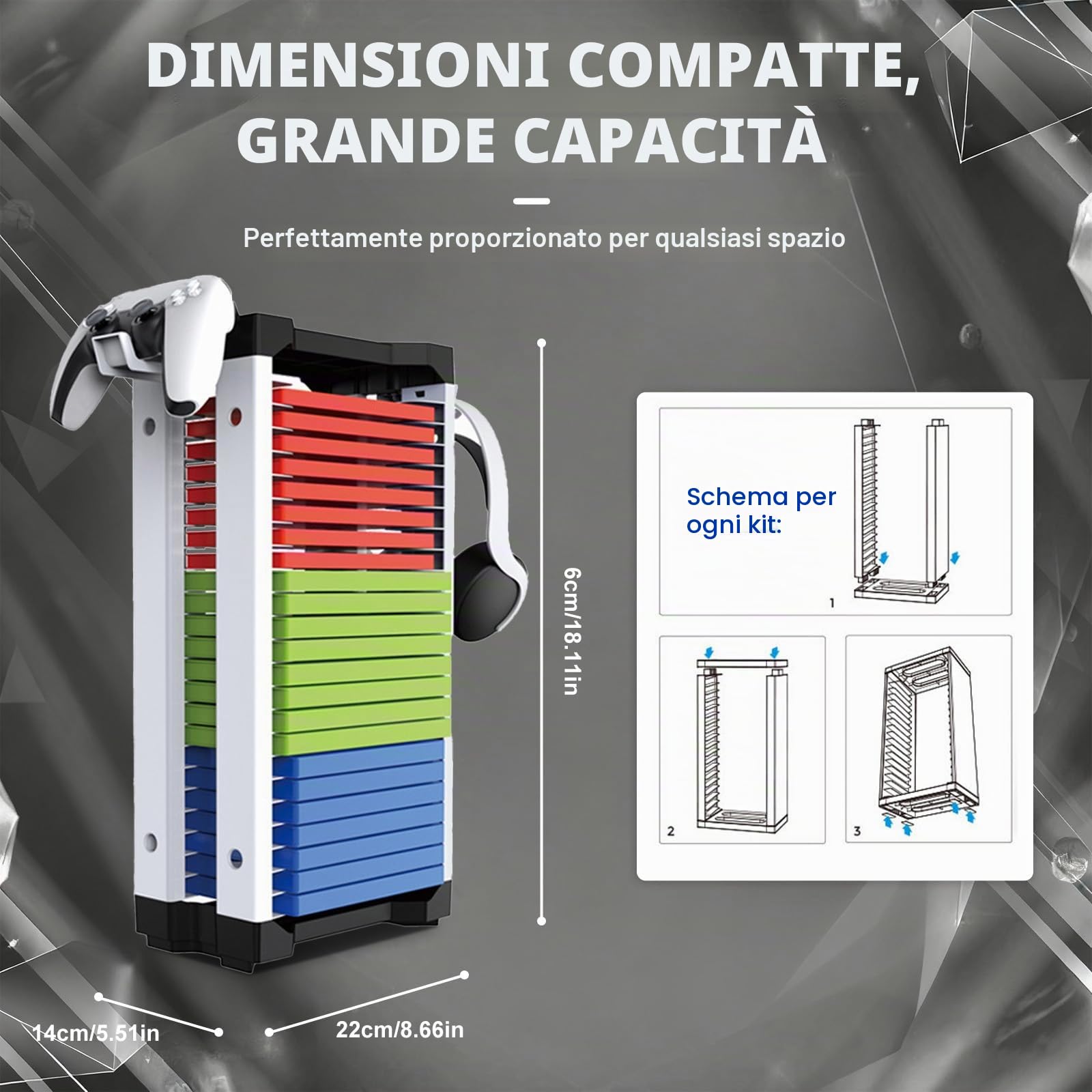 Supporto per dischi da gioco, torre di archiviazione per giochi PS5 con 2 ganci, 23 CD per giochi per PS5/Xbox/Nintendo Switch
