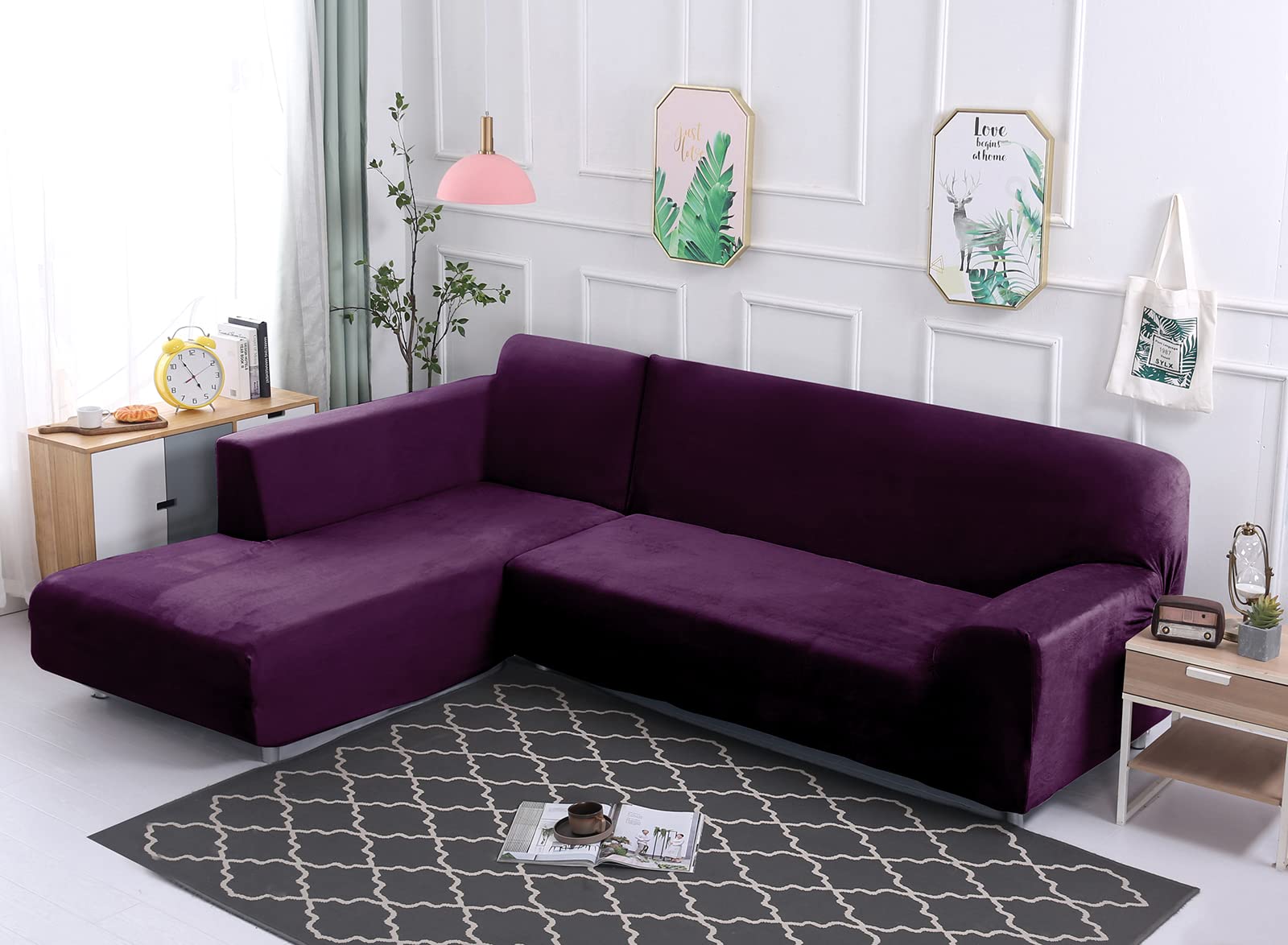 MIFXIN Sectional Sofa Covers L Shape Couch Cover 2 Pcs Stretch Elastic Sofa Slipcovers Corner Sofa Chaise Furniture Protector for Living Room Pets Kids (Plush Dark Purple)