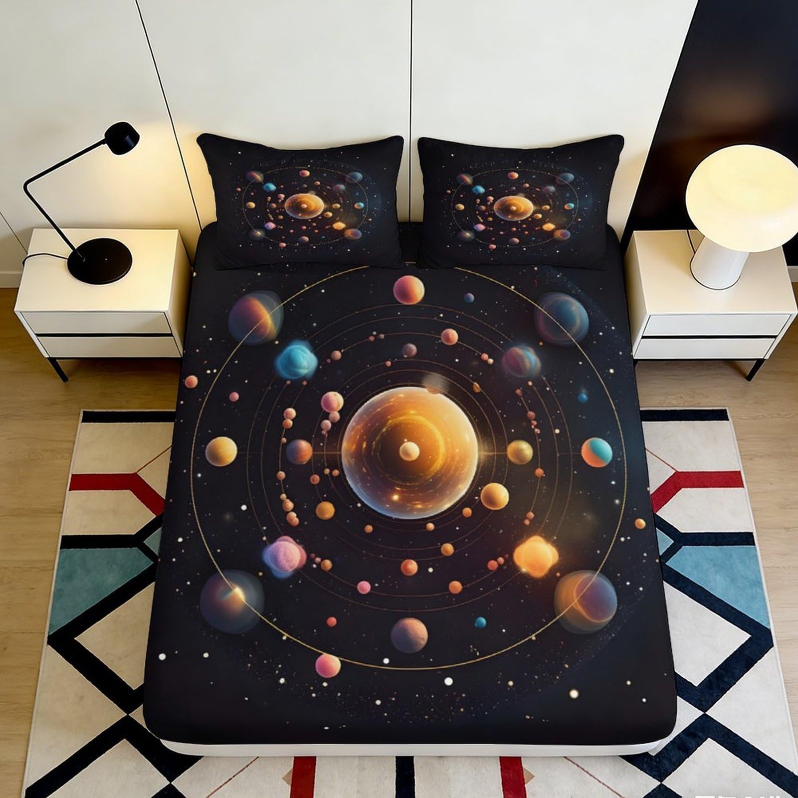 3D Printed Solar System Fitted Sheet Microfiber Soft Planets Mattress Cover for Bedroom Dorm Decor Protection 90x200x25cm