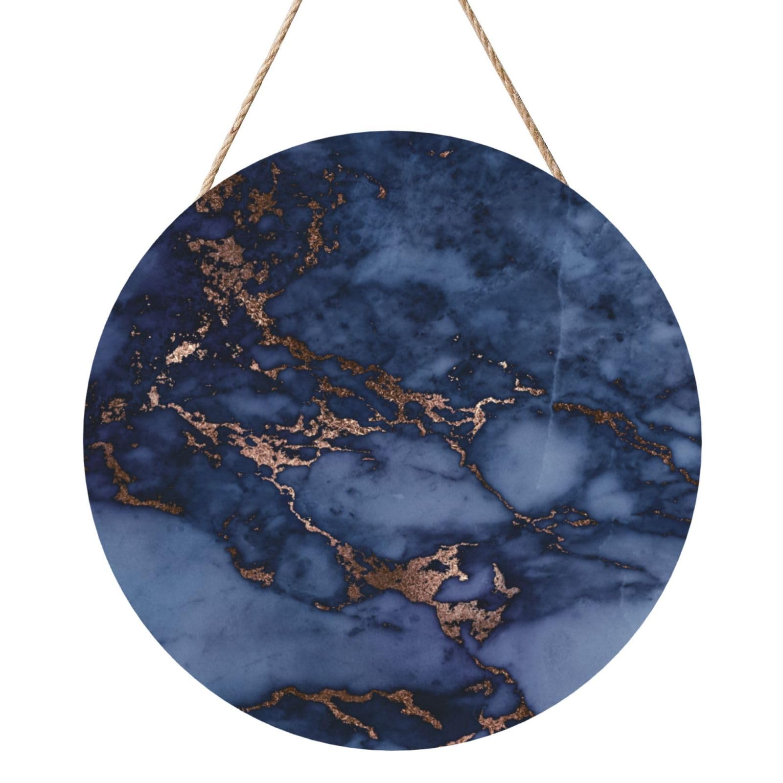 InOmak Navy Blue & Faux Copper Marble Pattern, Round Wood Panel Painting 12 in, Wall Hanging Painting For Home