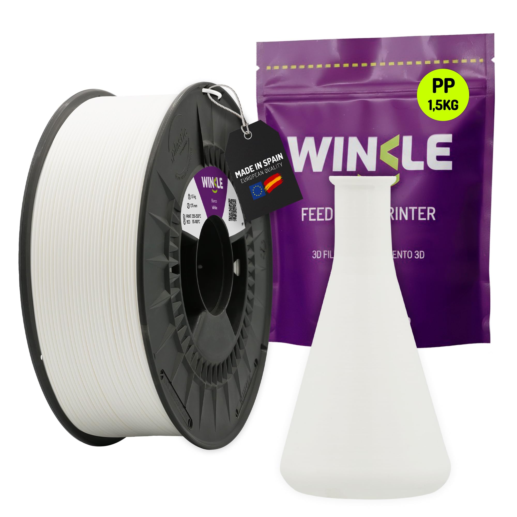WINKLE Filamento Polipropileno 1.75mm Blanco 1.5kg, Filamento Impresora 3D | Filamento PP, Resistencia a Humedad y Químicos, Fabricado en España, Precisión Dimensional +/- 0.05mm, Bobina 1.5kg