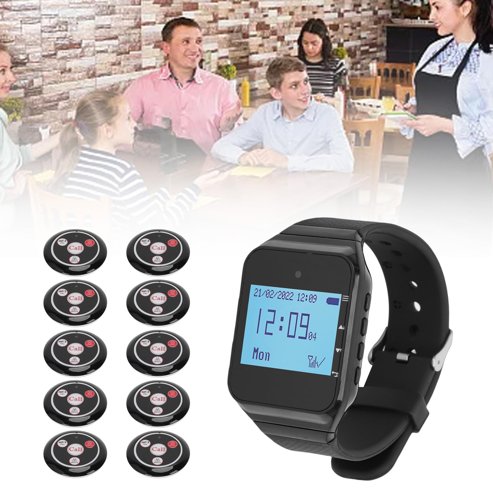 Bewinner sistem Cercapersone Ristorante, 10 Cercapersone Assistente, 1 Ricevitore Orologio, sistem di Chiamata Wireless IPX4 con Vibrazione, Lampeggiante e Cicalino per Chiesa, (BLACK)