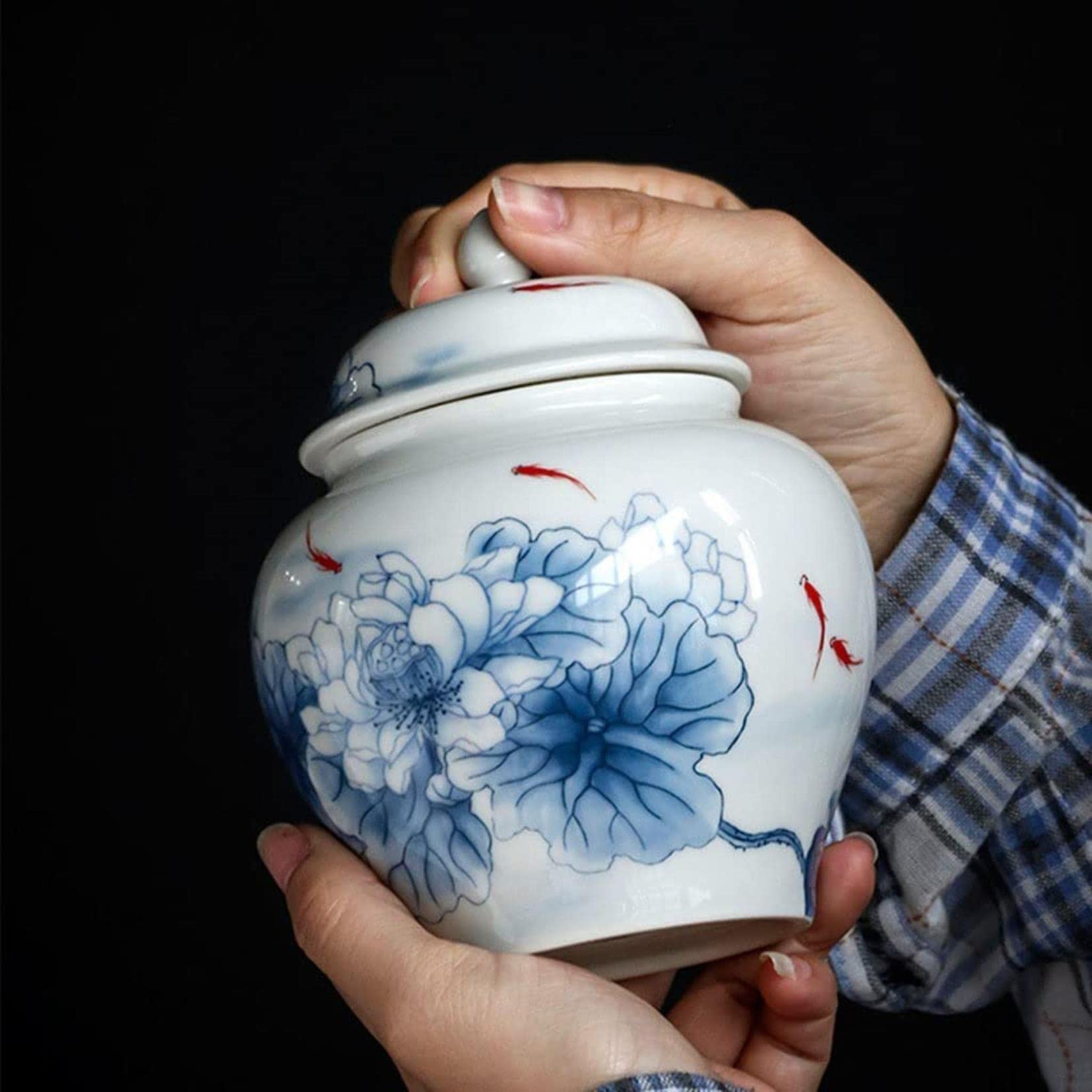 Herbata z cyny niebiesko-biały słoik z imbirem, słoik z kwiatami Chinoiserie do wystroju domu, słoik do przechowywania herbaty z hermetyczną pokrywką, herbata ceramiczna