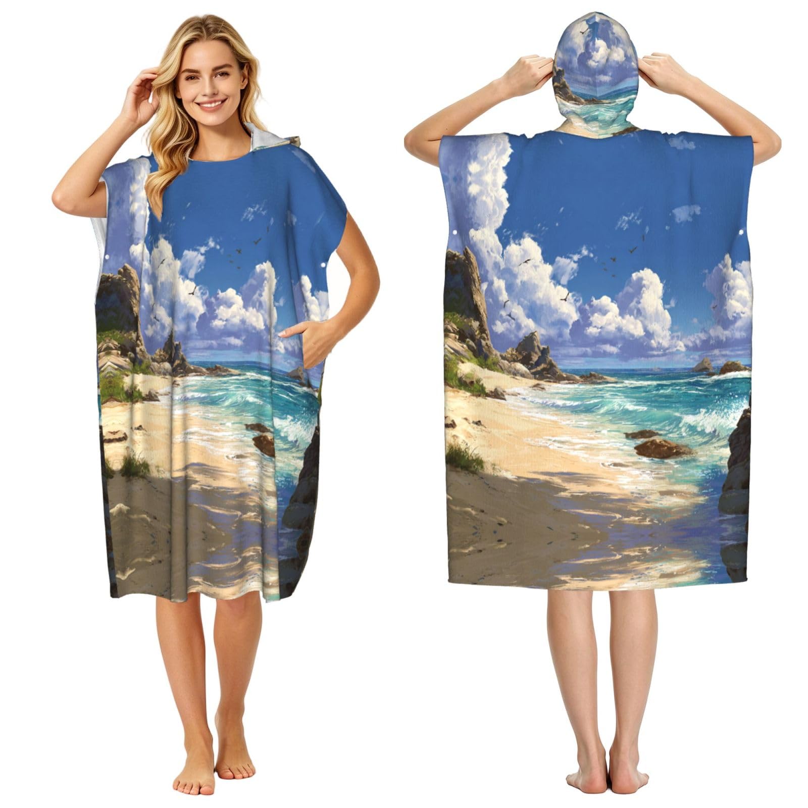 ESNAIUVCD Beach Scenery Print Changing Robe, Hooded Towel Poncho For Swimming Pool, Beach,Quick Dry Light Weight Towelling Poncho