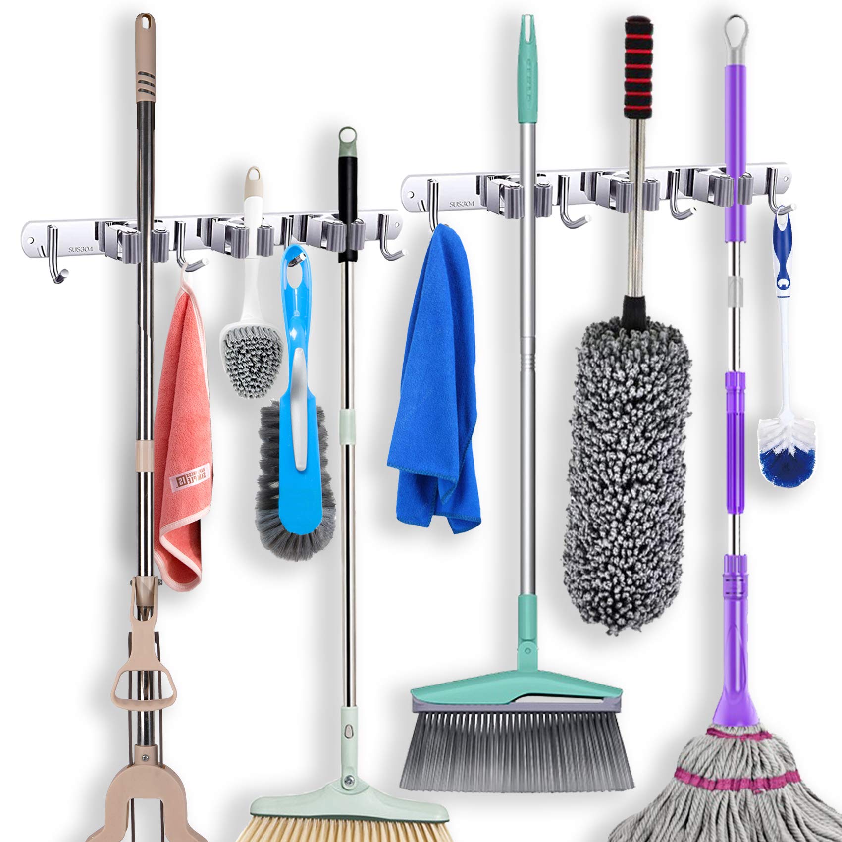 Broom and Mop Holder 2-Pack – Wall Mounted Mop Holder – Broom Wall Grip – Heavy Duty Mop and Broom Holder – Garden Tool Holder with 3 Rubber Grip Slots and 4 Hooks – Garage Storage and Organizer