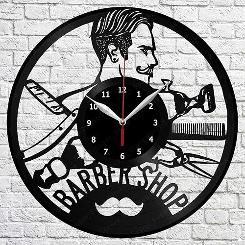 Barber Vinyl Wall Clock LP Record Home Decor Handmade Art Personality Gift 3 (Size 12 inch, Color Black)