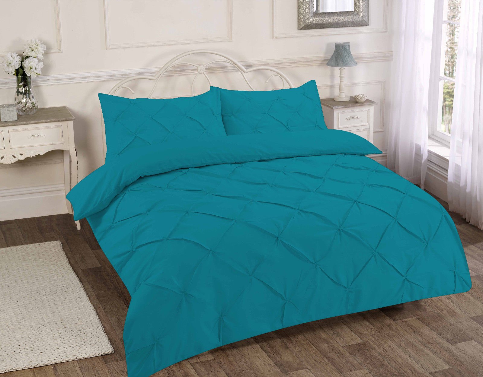 EGYPTO Pollycotton Diamond Pintuck Design Bedding Duvet Cover Set - Comforter with Pillowcases (Super King, Teal)
