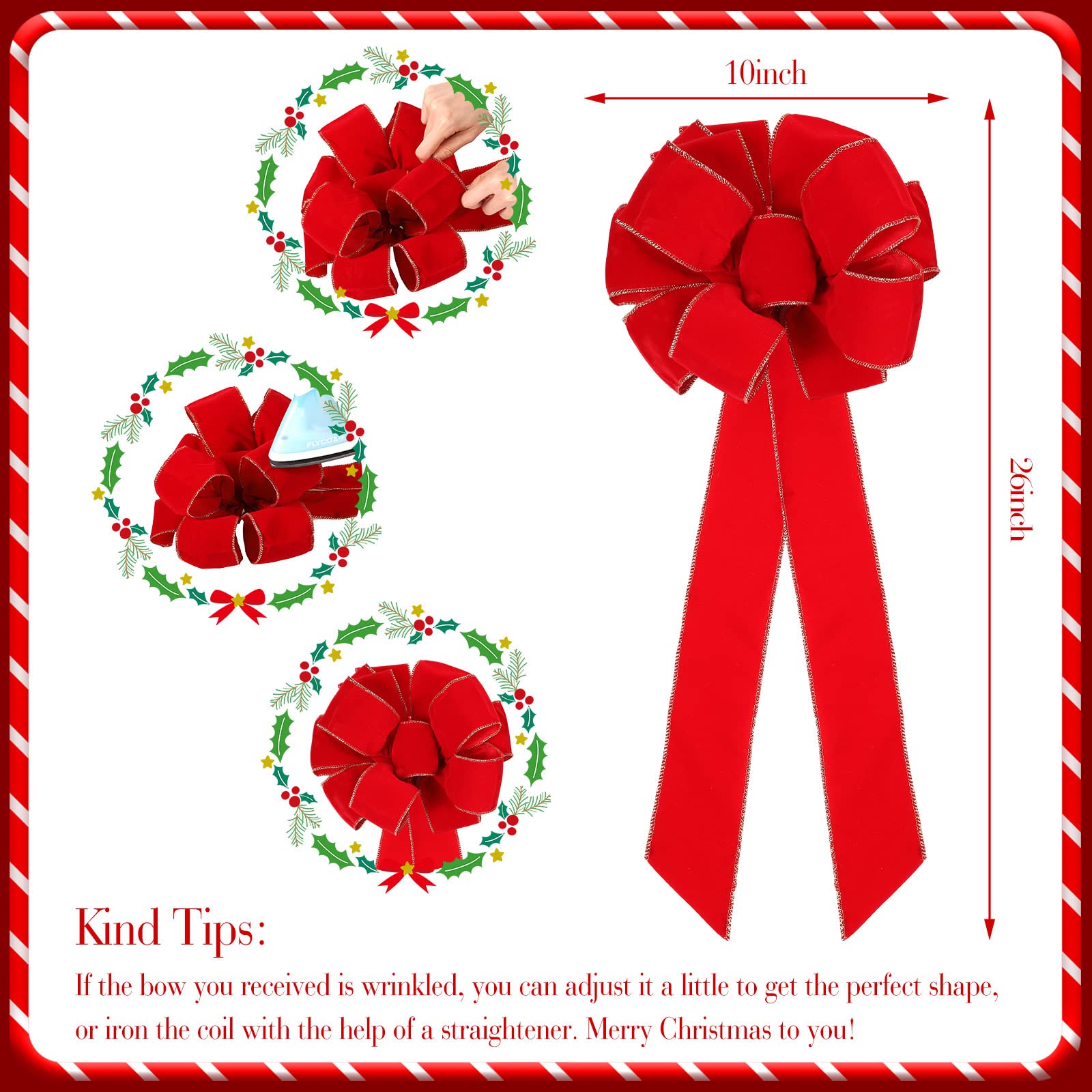 Kigeli 24 Stück große rote Weihnachtsschleife 25,4 x 66 cm roter Samt Gold Drahtkante Band Weihnachtskranz Schleife für Baumspitze Heimdekoration (12 Stück)