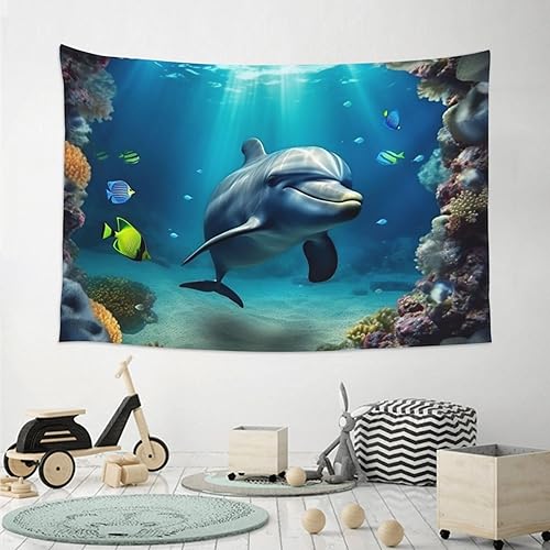 Miniatura 6 de Dwrepo Tapiz con estampado de delfines del mundo subacuático, gran moda, para colgar en la pared, decoración divertida del hogar para dormitorio,