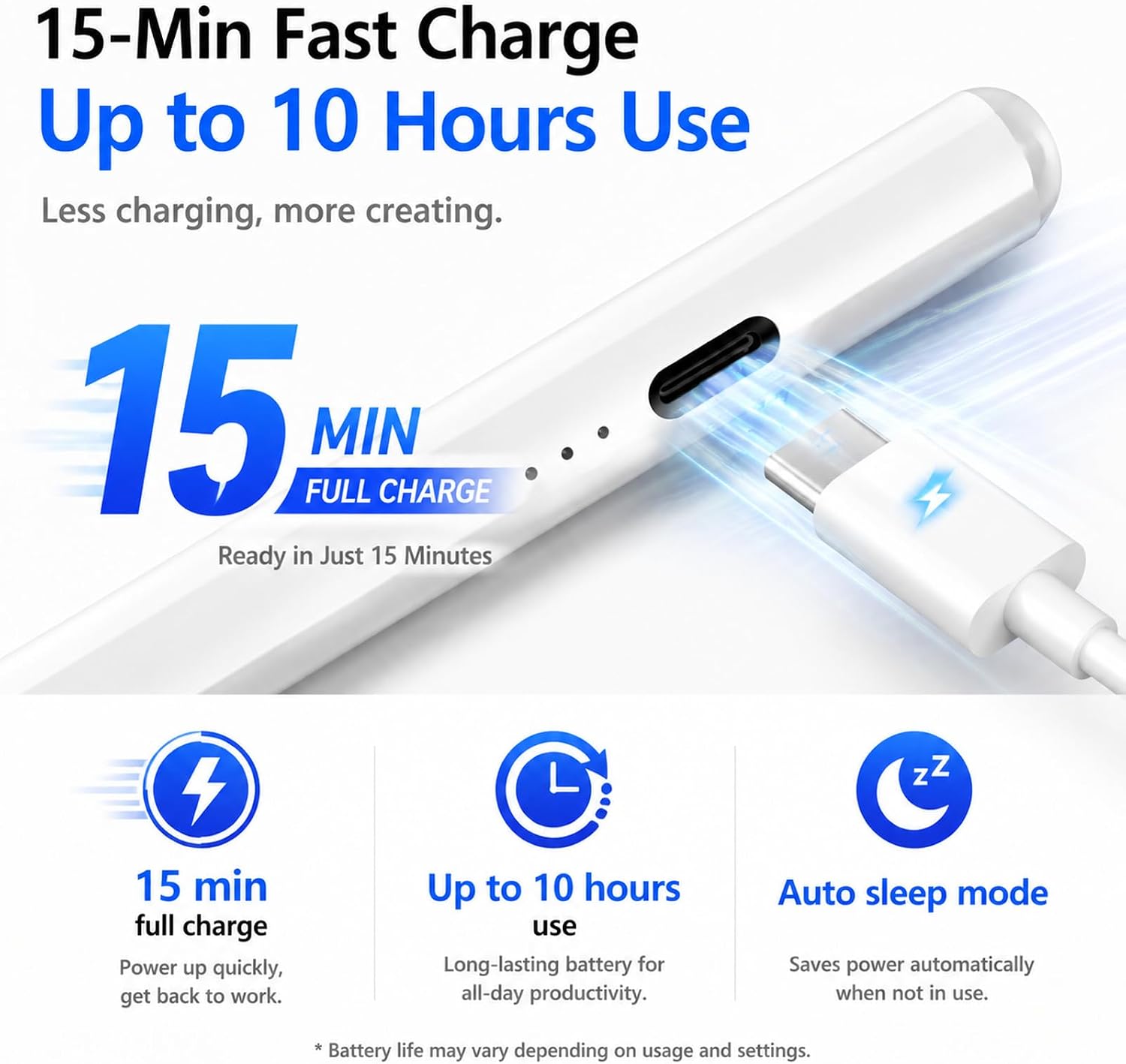 Stylus Pen for iPad with Battery Display & Dual Shortcut Buttons, Palm Rejection, Tilt Sensitivity, Magnetic Attachment, USB-C Fast Charging, Compatible with iPad Pro/Air/Mini 2018-2026 - White