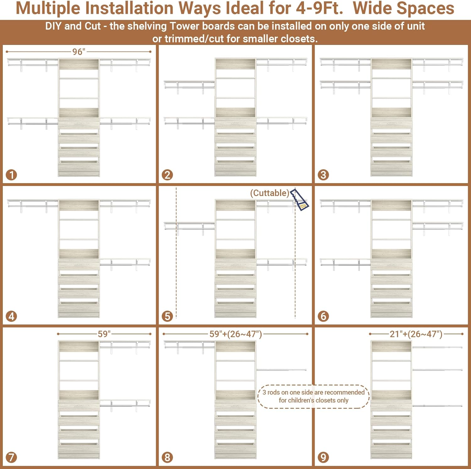 Diagram illustrating multiple installation configurations for the Aheaplus closet system, showing how it can be adapted for different closet widths from 4 to 9 feet, including options for cutting shelving tower boards.