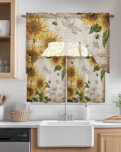Amazon.com: Yellow Sunflower Kitchen Curtains Sets for Windows 3 Piece ...