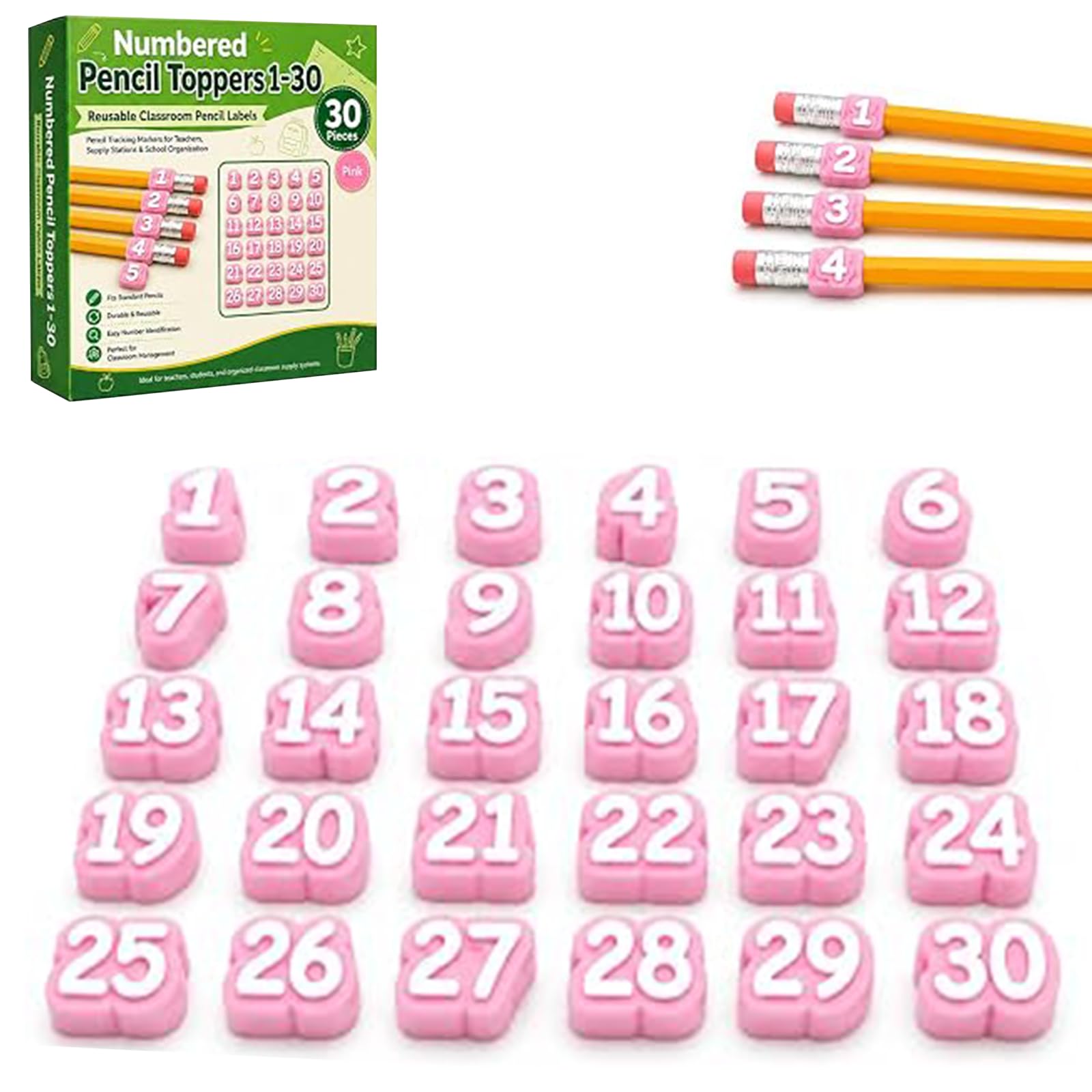 20/30/50 Pcs Numbered Pencil Toppers, Reusable Classroom Pencil Labels for Supply Tracking Station & Organization, Classroom Management Must Haves for Teachers (Pink, Number 1-30) โ image 1