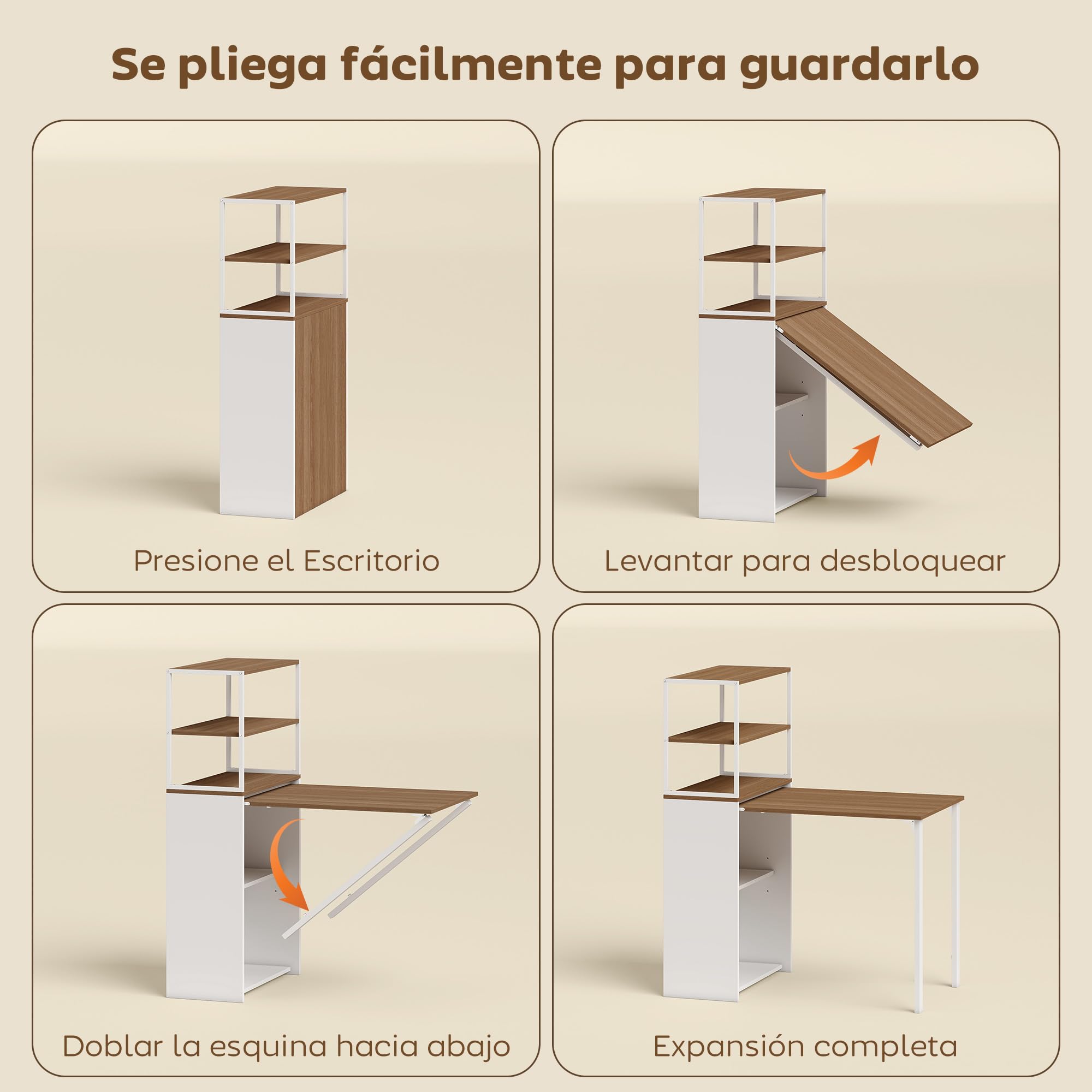 HOMCOM Escritorio Plegable con Estantería Estudio 105x60x127 cm Natural | Mesa de Escritorio con 4 Estantes, Mesa de Ordenador para Espacios Pequeños, Oficina en Casa