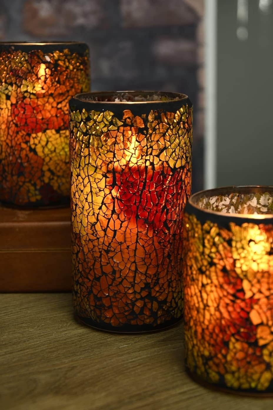 TELOSMA LED Mosaic Flameless Candle, Red Yellow Cracked Glass Pattern Pillar Candle - Centerpieces Table Bed Fireplace Autumn Decor - Set of 3