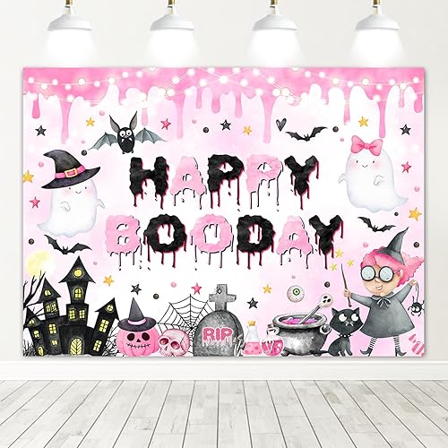 Avezano Telón de fondo de feliz día abucheo para niña, decoración de fiesta de cumpleaños de Halloween rosa y negro, fantasma boo, pancarta