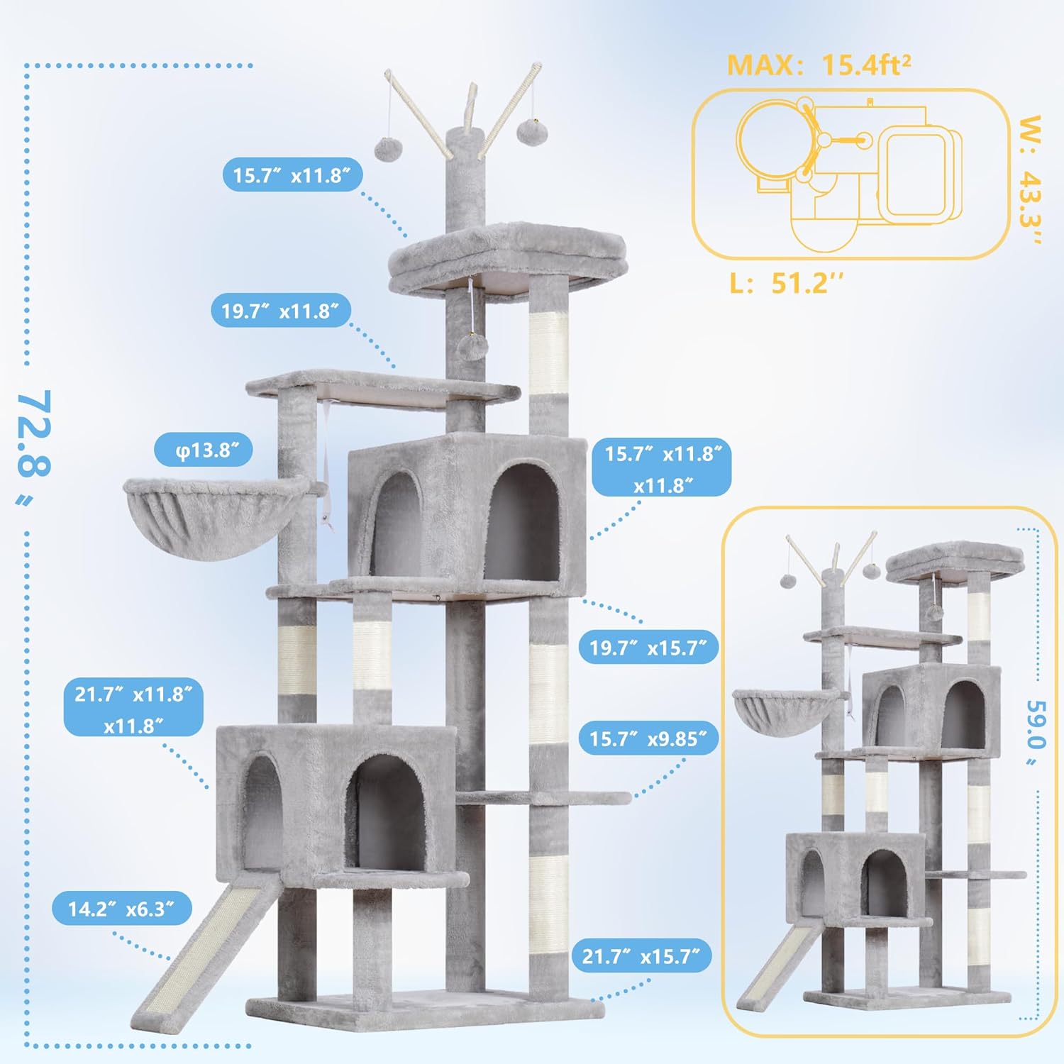 Detailed diagram of the Hey-brother Cat Tree Tower with dimensions for various platforms and components.
