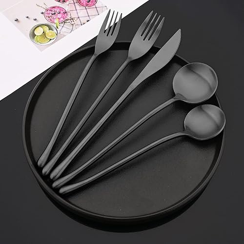 Miniatura 8 de JASHII Juego de 24 cubiertos mate de acero inoxidable 304, incluye cuchillos de carne, servicio para 4, mango redondo, acabado satinado, apto para