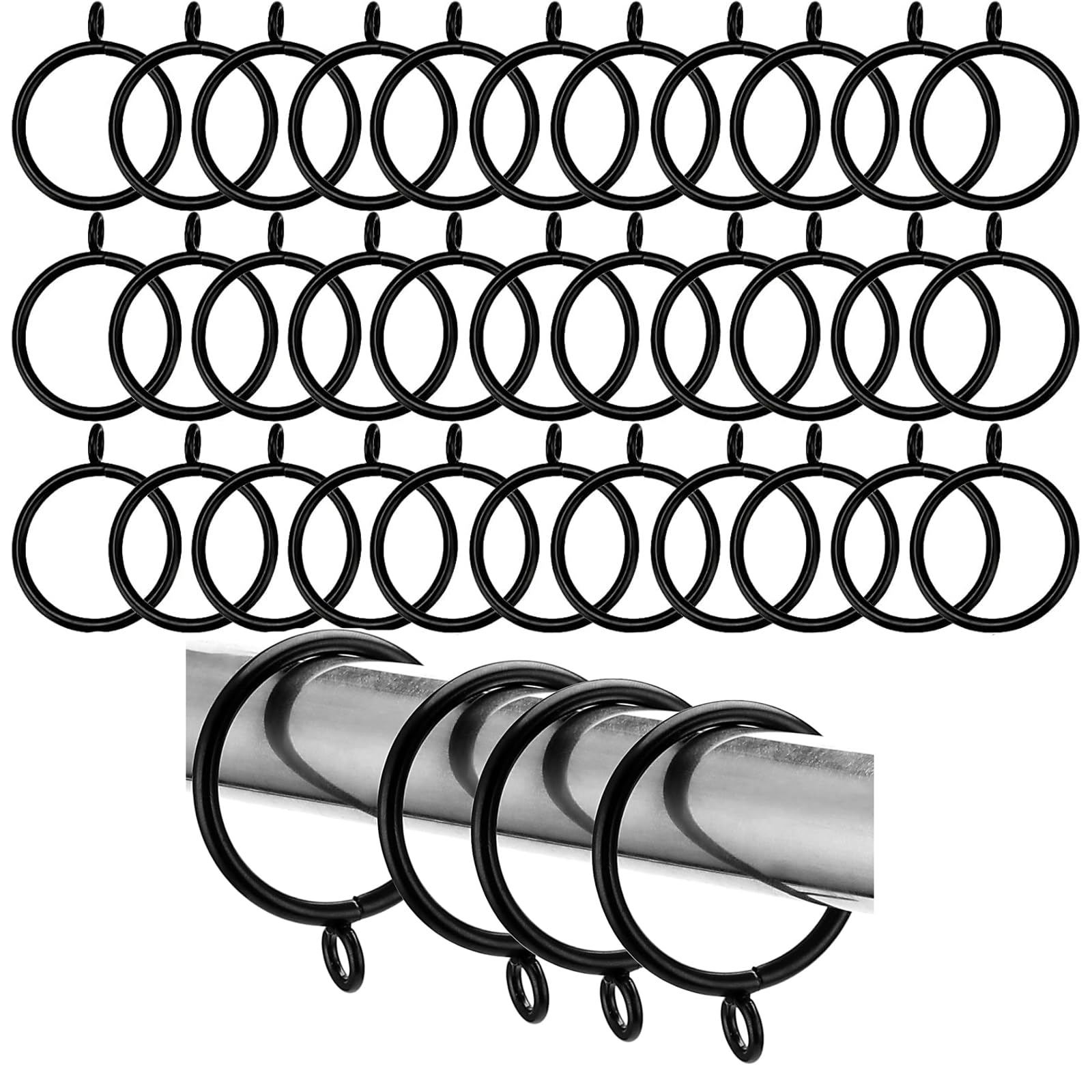 HAKZEON 50 stuks 38 mm metalen gordijnringen, zwarte gordijnhaken, gordijn opknoping ringen draperie paalringen zweefgordijnringen en haken voor 35 mm ID-staven
