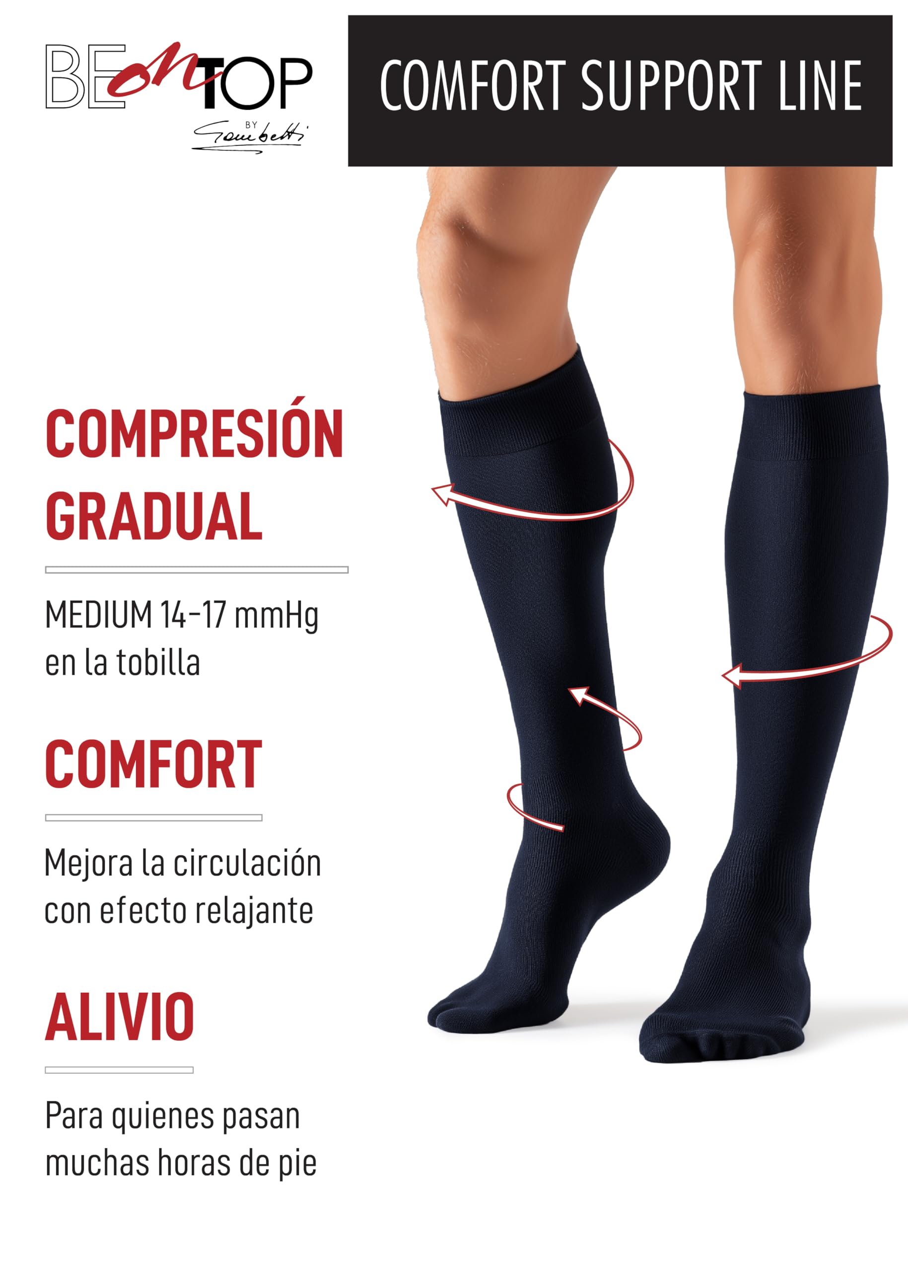 BeOnTop Medias Compresion Hombre Descansantes 14-17 mmHg – Calcetines Compresivos para Viajes, Trabajo, Deporte, Piernas Cansadas, Varices, Circulación – Made in Italy