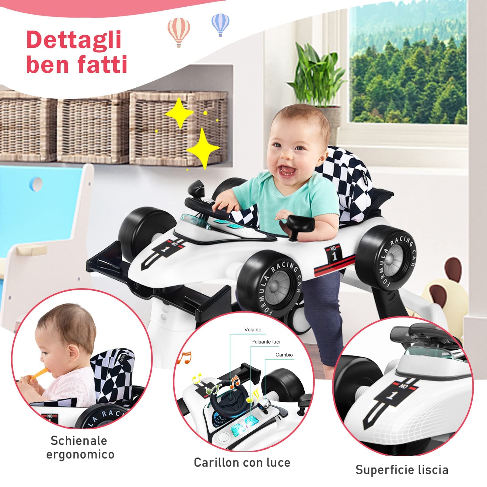 GYMAX Girello per Bambini 4 in 1 a Spinta, Girello Primi Passi Pieghevole con Altezza e Velocità Regolabile, con Luci e Suoni per Bambini 6-18 Mesi, Portata 12 kg, 73 x 64 x 55,5 cm (bianco)