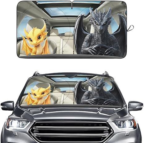 Cute Couple Dragon Windshield Sun Shade for Car SUV Truck (64x32 Inches), Automobile Sunshade, Protector Blocks UV, Halloween Car Decor
