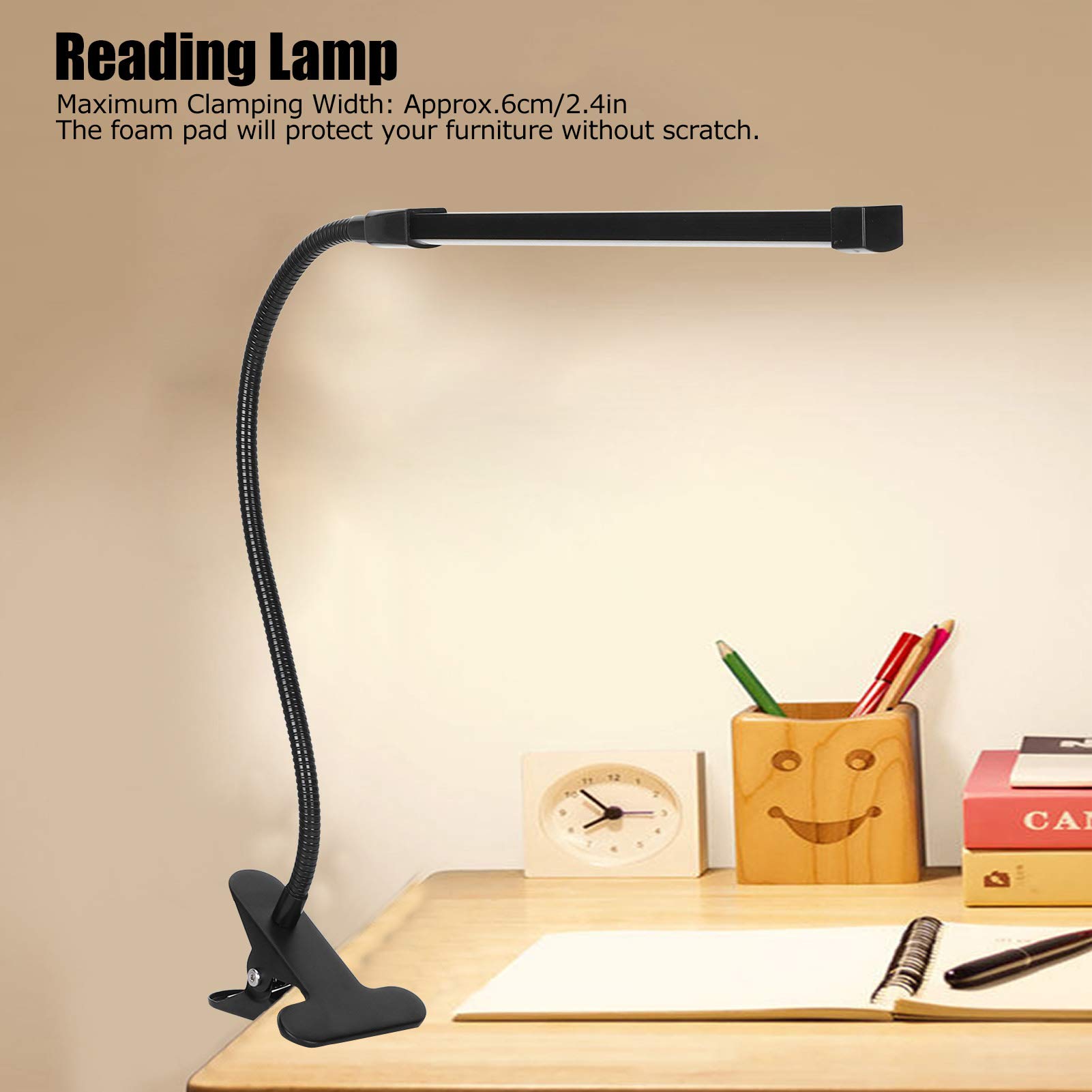 Luce a clip LED alimentata tramite USB, lampada da lettura regolabile in luminosità e con temperatura di colore a 3 livelli, dotata di collo d’oca flessibile; luce per libri